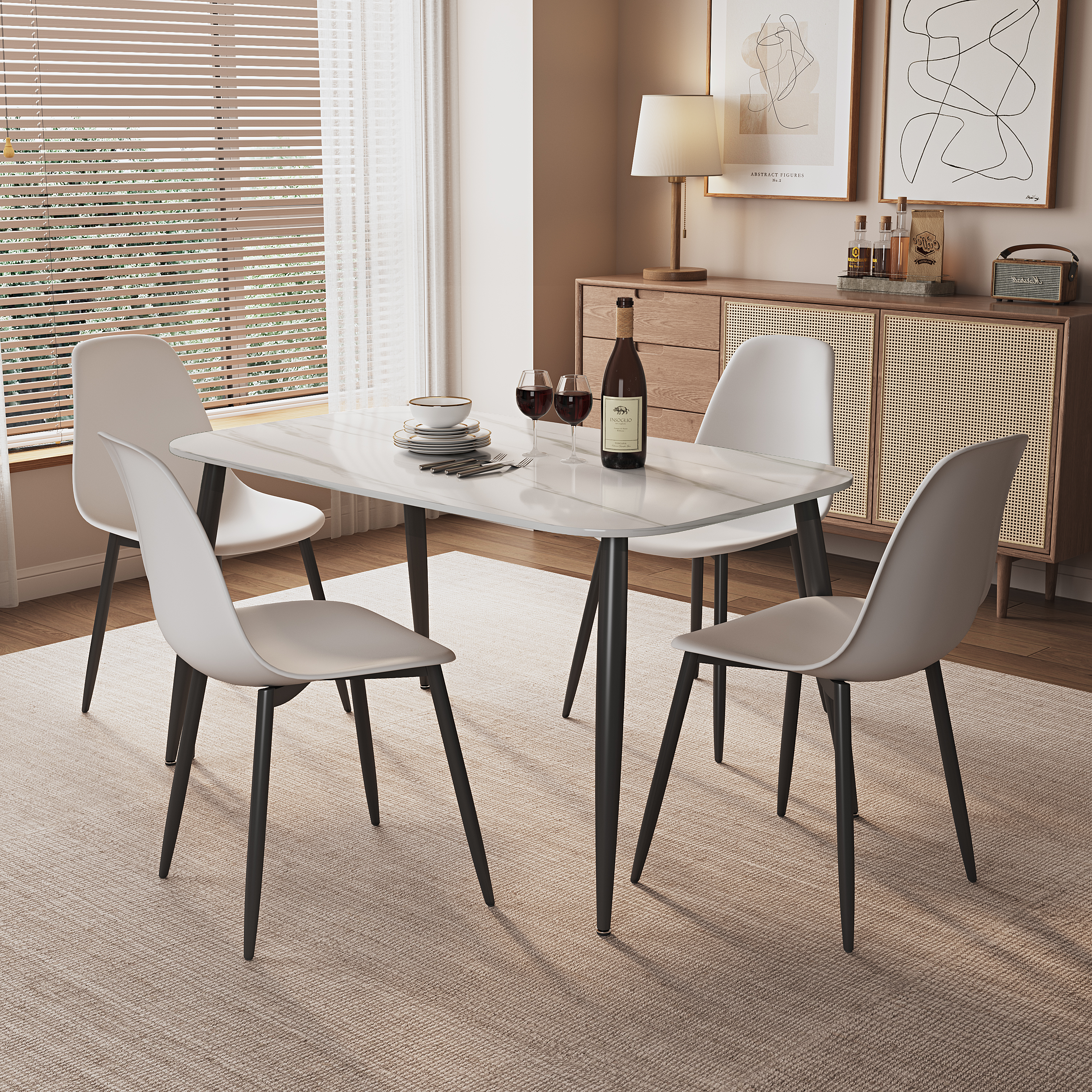 NEXO Sintered Stone Rectangular Dining Table with 4 Curve Plastic Chairs - Gloss White with White - Colton & Sawyer