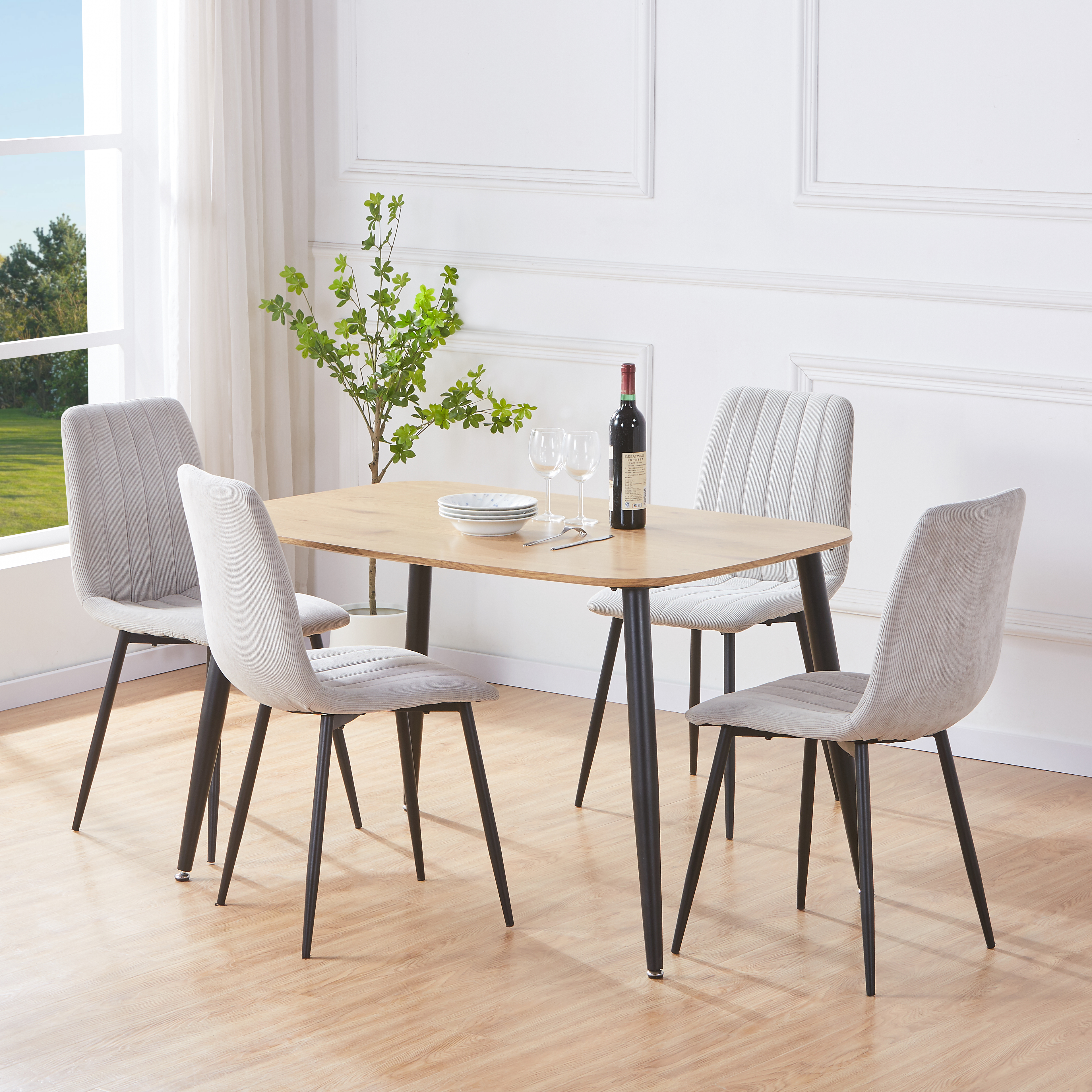NEXO Rectangular Dining Table with 4 Cord Straight Stitch Fabric Chairs - Light Oak with Light Grey - Colton & Sawyer