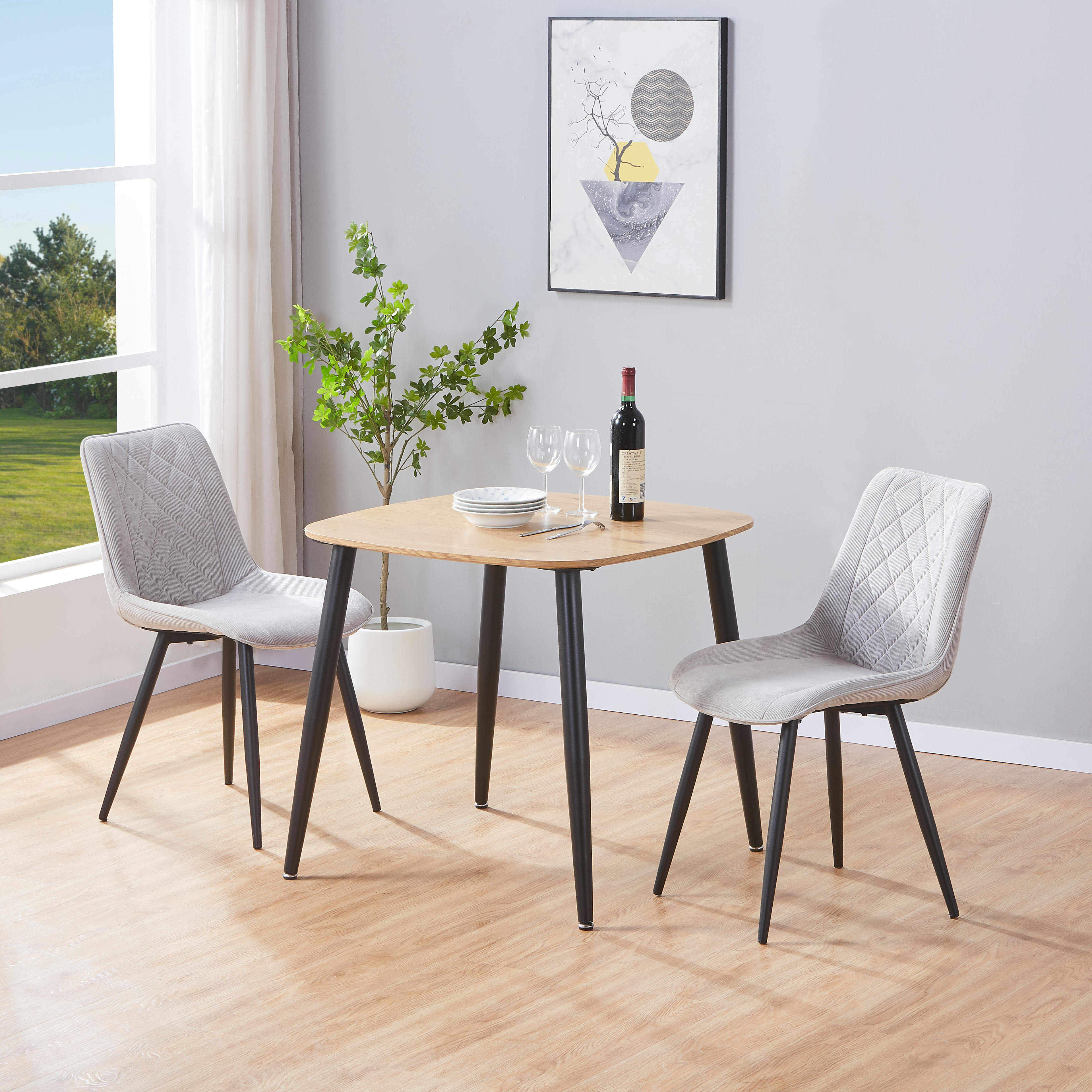 NEXO Square Dining Table with 2 Cord Diamond Stitch Fabric Chairs - Light Oak with Light Grey - Colton & Sawyer