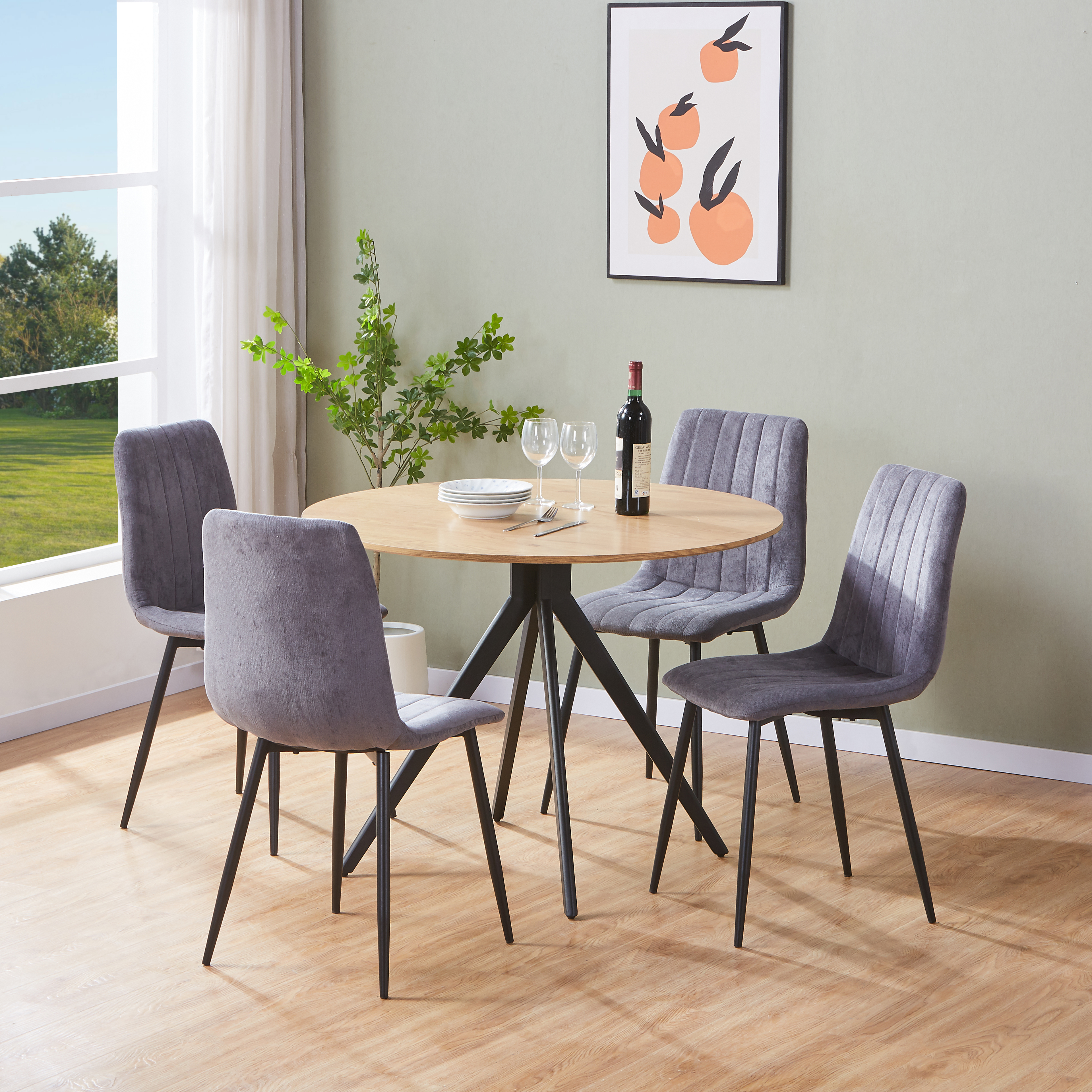 NEXO Round Dining Table with 4 Straight Stitch Fabric Chairs - Light Oak with Grey - Colton & Sawyer