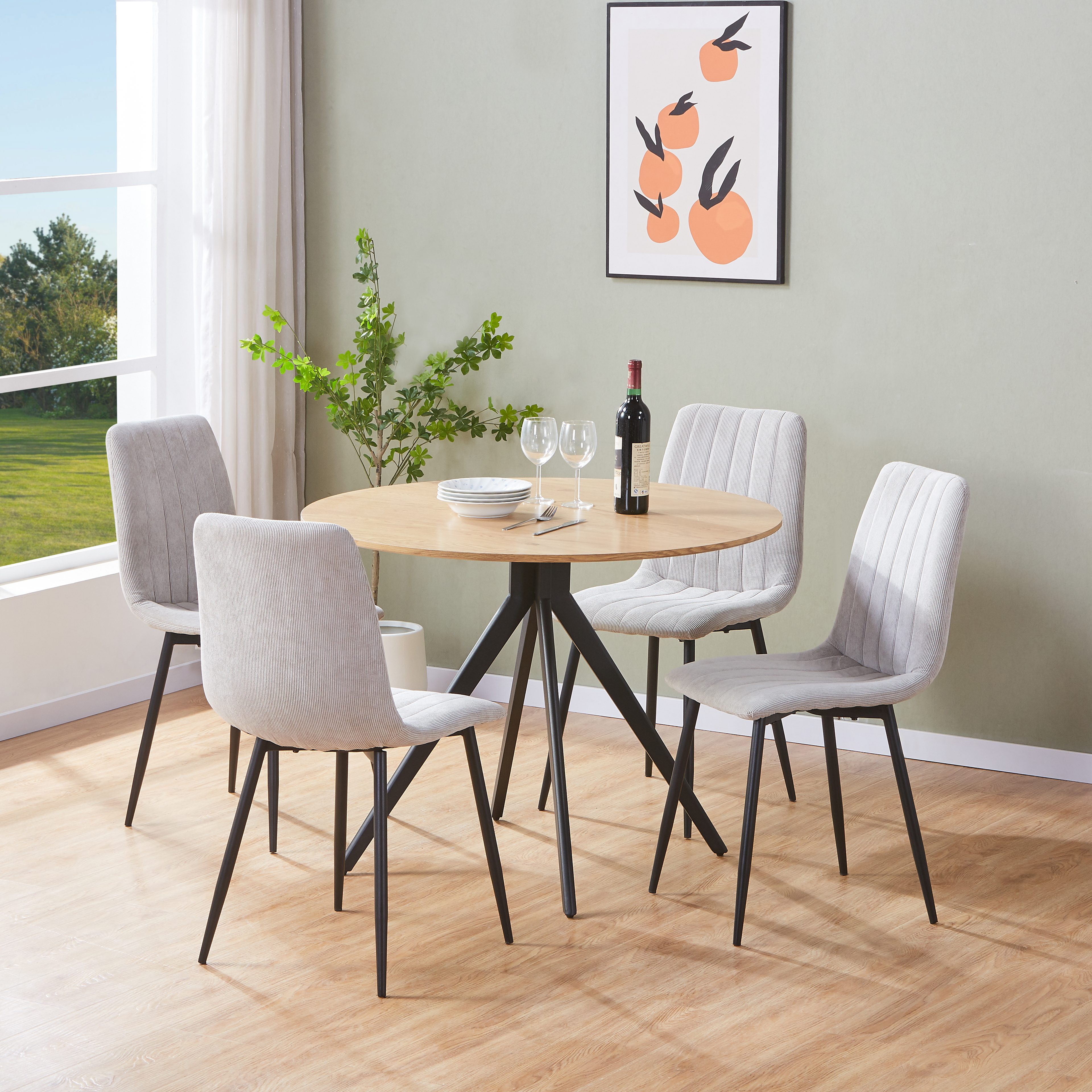 NEXO Round Dining Table with 4 Cord Straight Stitch Fabric Chairs - Light Oak with Light Grey - Colton & Sawyer