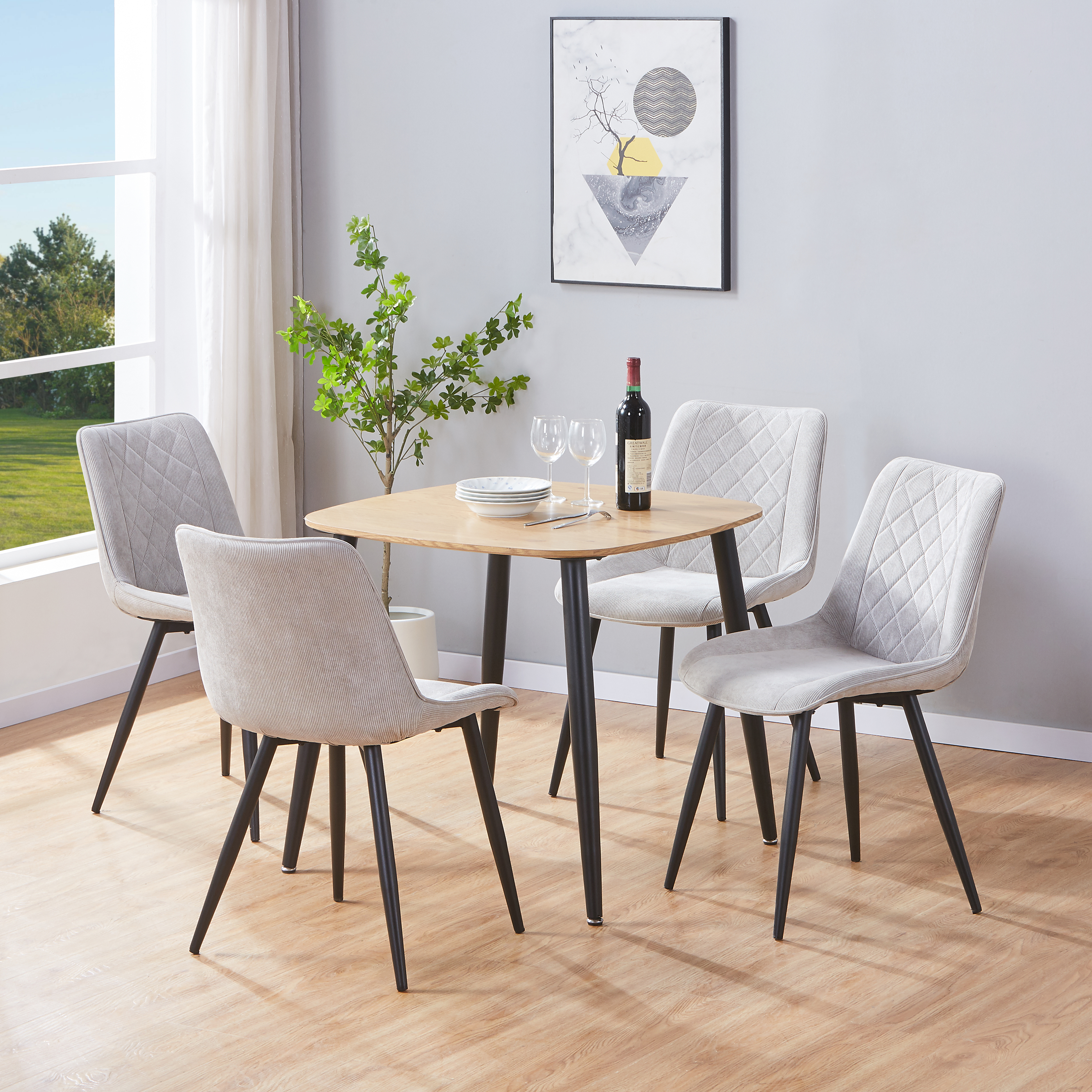 NEXO Square Dining Table with 4 Cord Diamond Stitch Fabric Chairs - Light Oak with Light Grey - Colton & Sawyer