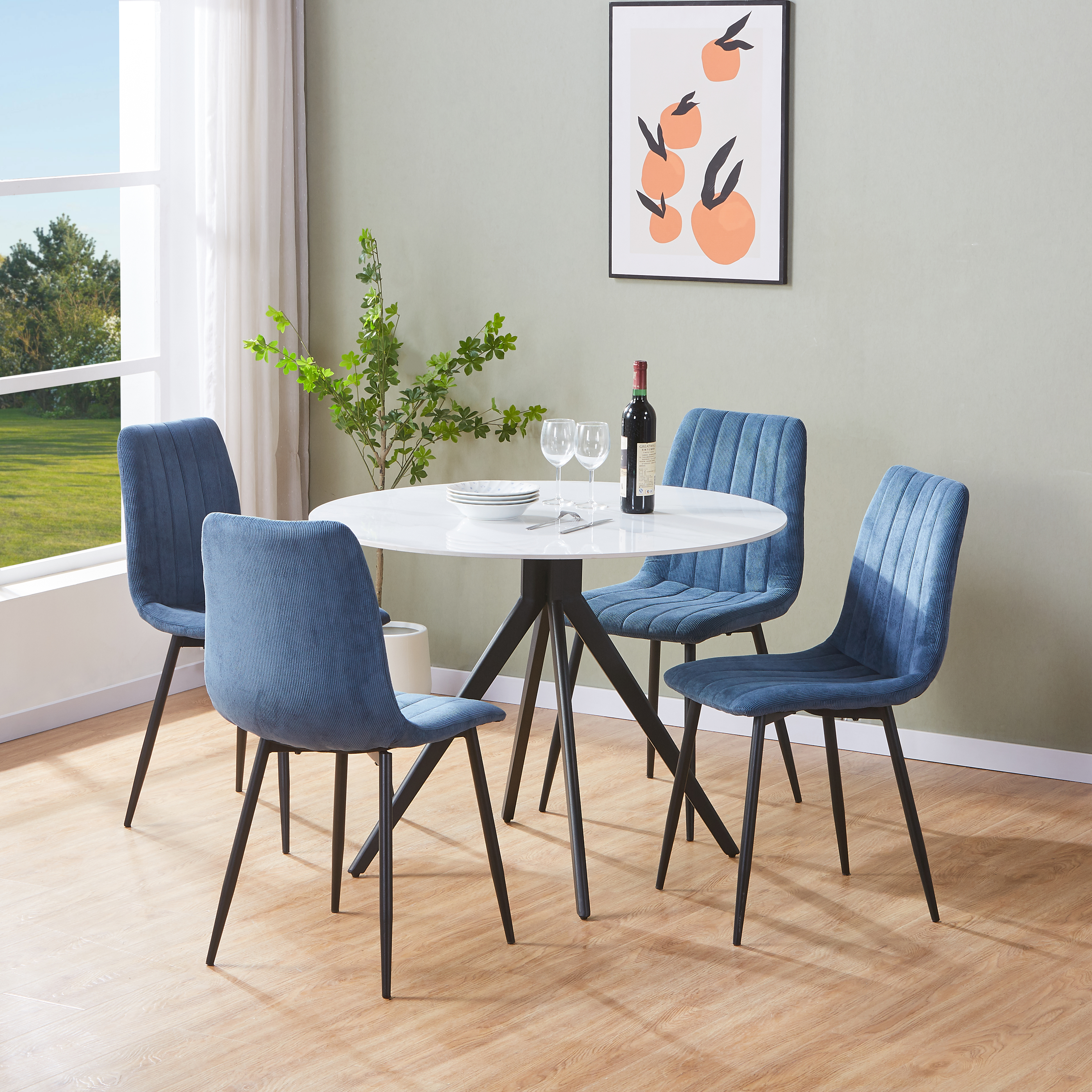 NEXO Sintered Stone Round Dining Table with 4 Cord Straight Stitch Fabric Chairs - Gloss White with Blue - Colton & Sawyer