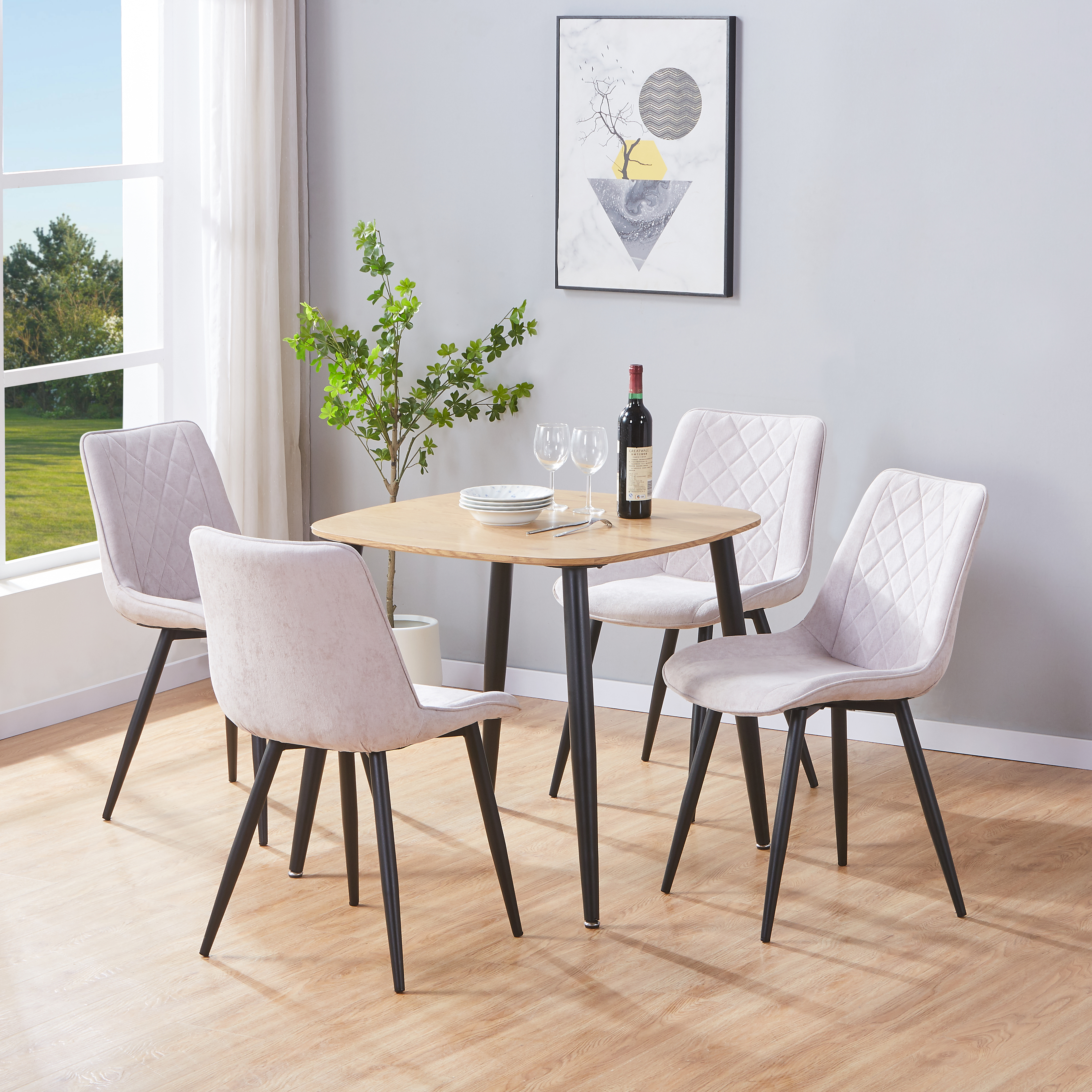 NEXO Square Dining Table with 4 Diamond Stitch Fabric Chairs - Light Oak with Natural - Colton & Sawyer