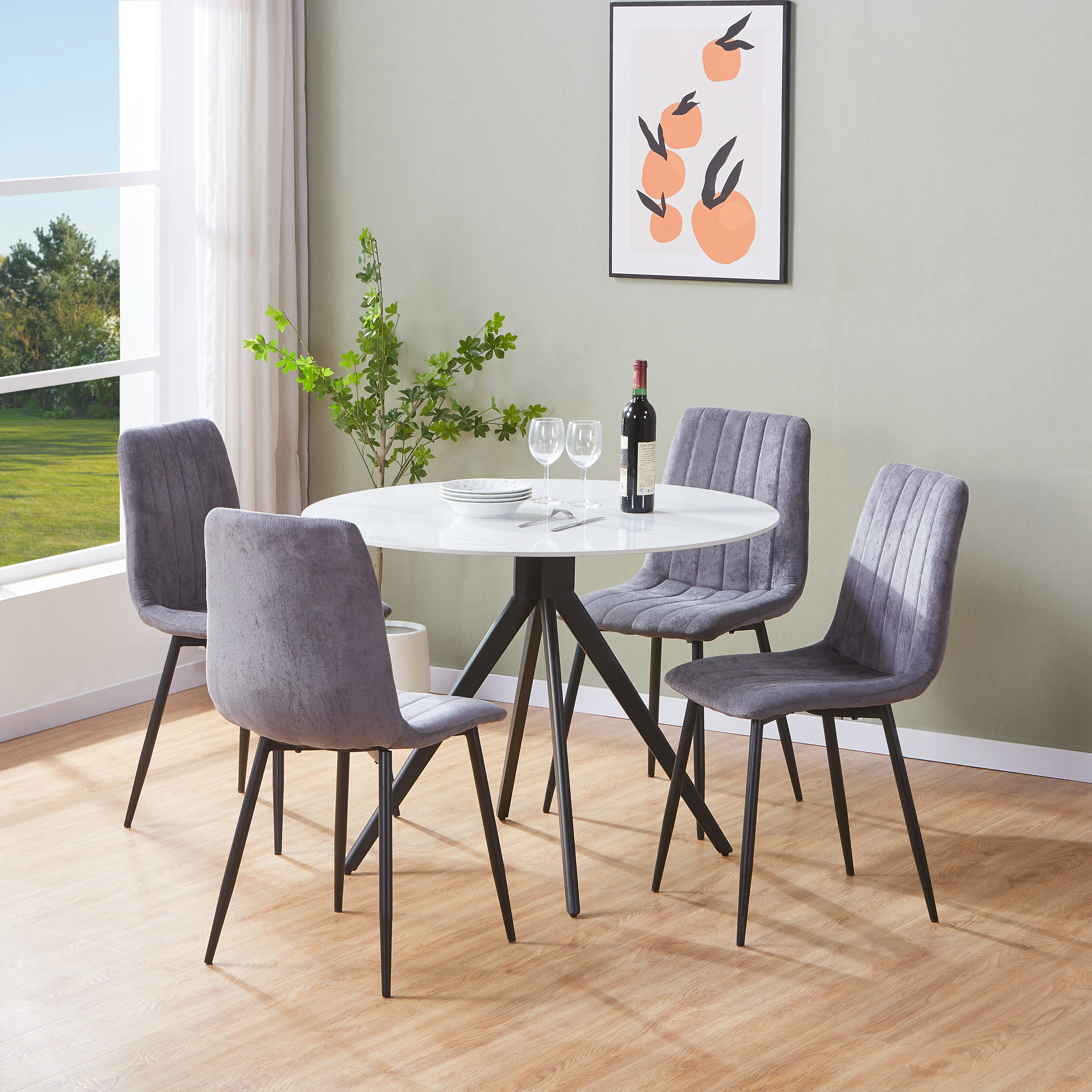NEXO Sintered Stone Round Dining Table with 4 Straight Stitch Fabric Chairs - Gloss White with Grey - Colton & Sawyer