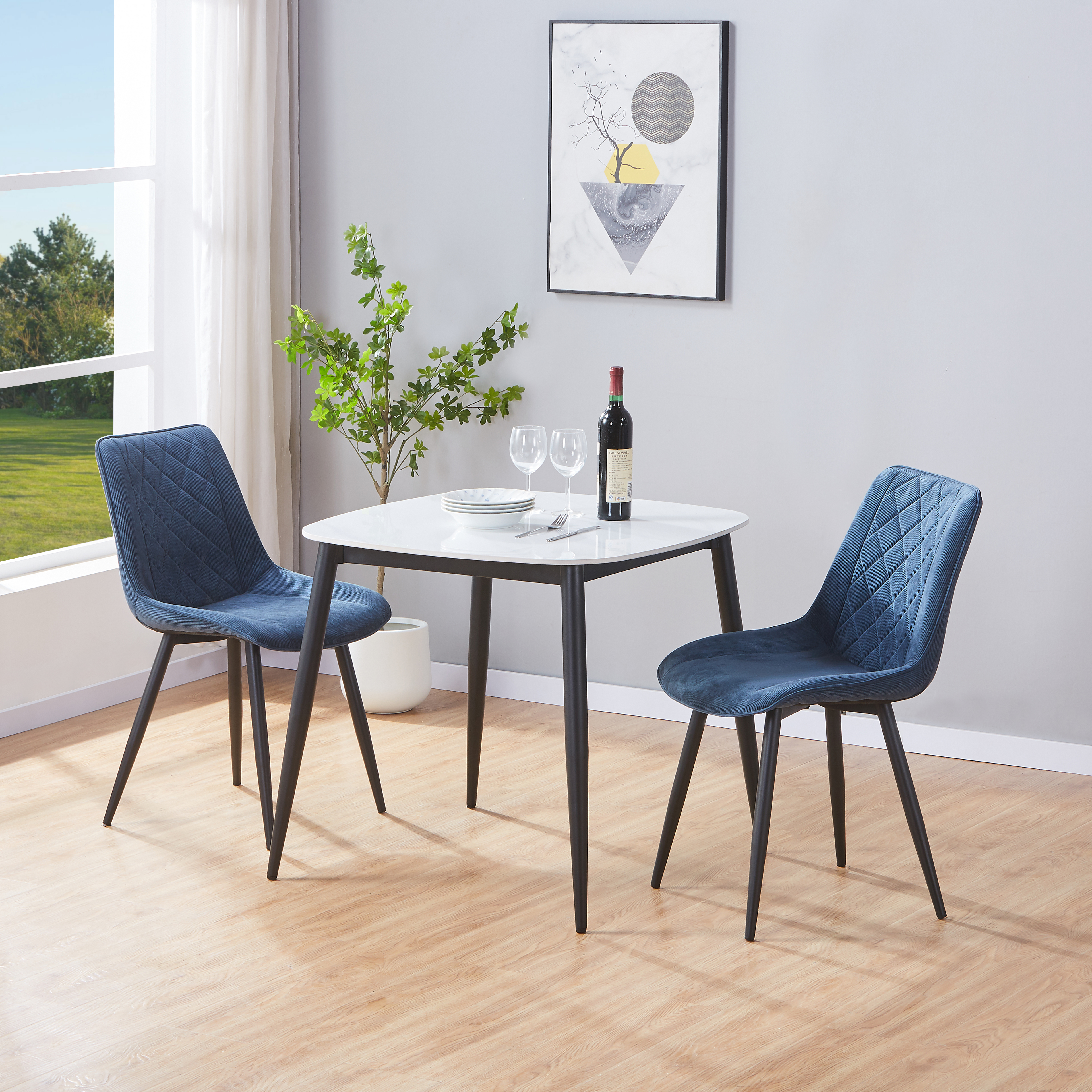 NEXO Sintered Stone Square Dining Table with 2 Cord Diamond Stitch Fabric Chairs - Gloss White with Blue - Colton & Sawyer