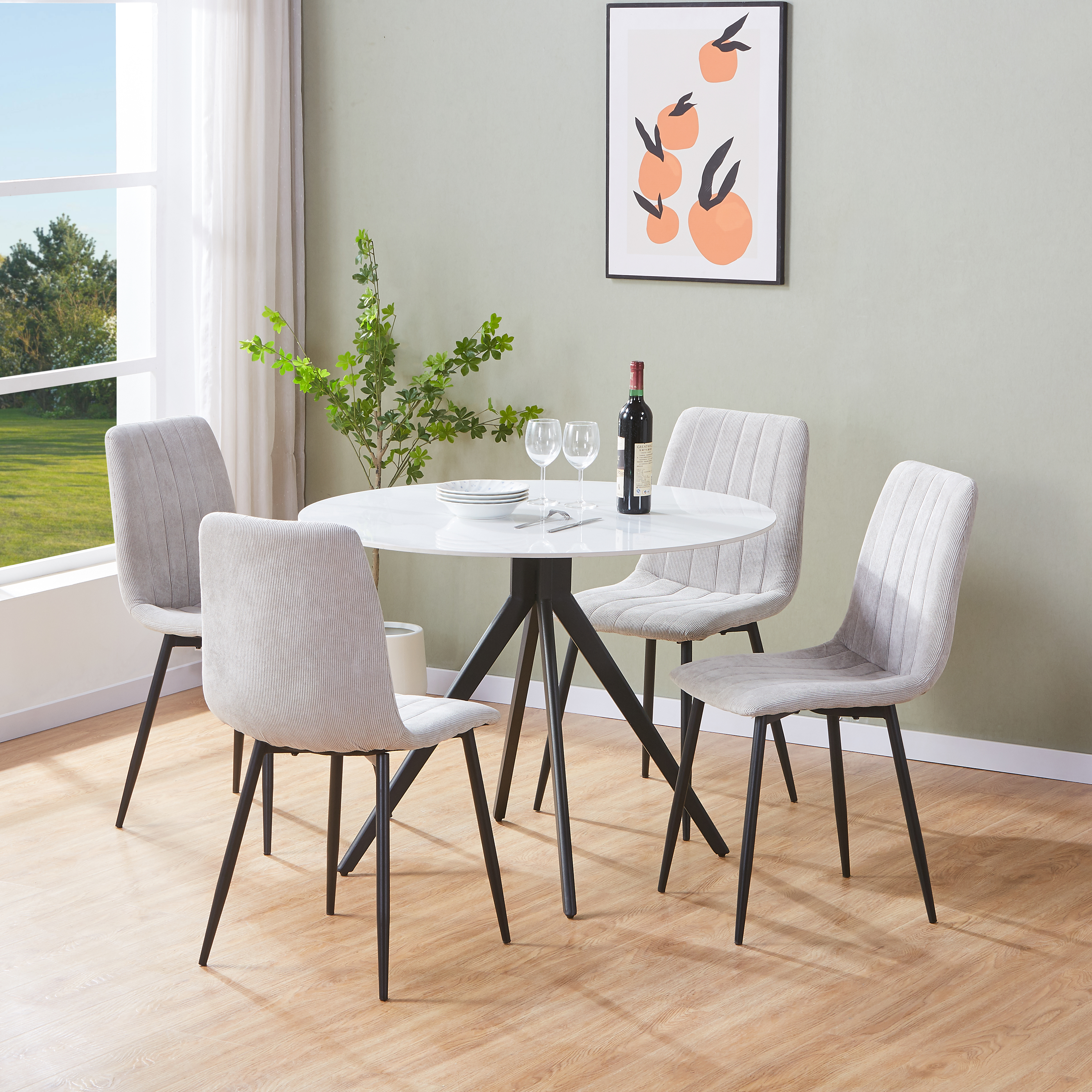 NEXO Sintered Stone Round Dining Table with 4 Cord Straight Stitch Fabric Chairs - Gloss White with Light Grey - Colton & Sawyer