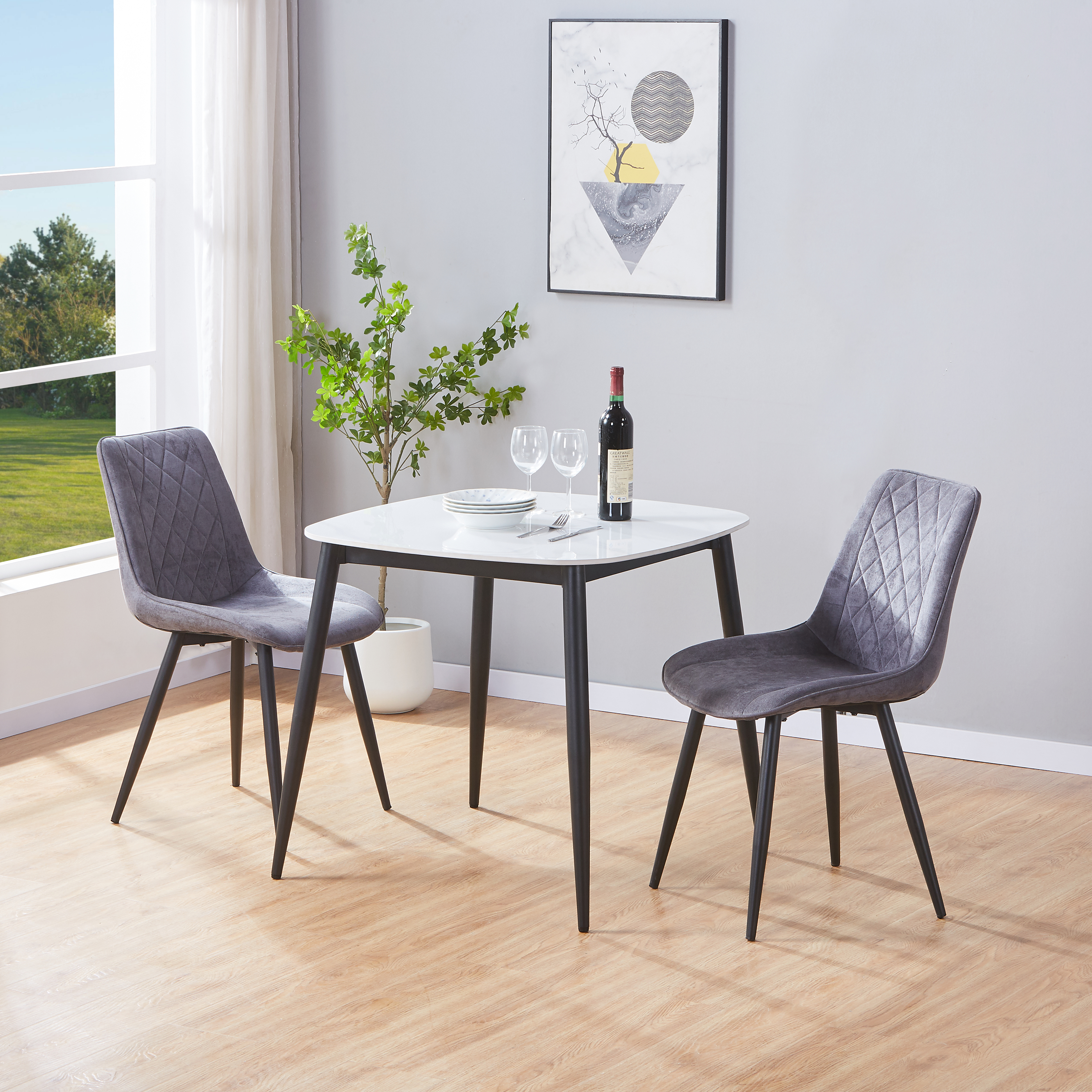 NEXO Sintered Stone Square Dining Table with 2 Diamond Stitch Fabric Chairs - Gloss White with Grey - Colton & Sawyer