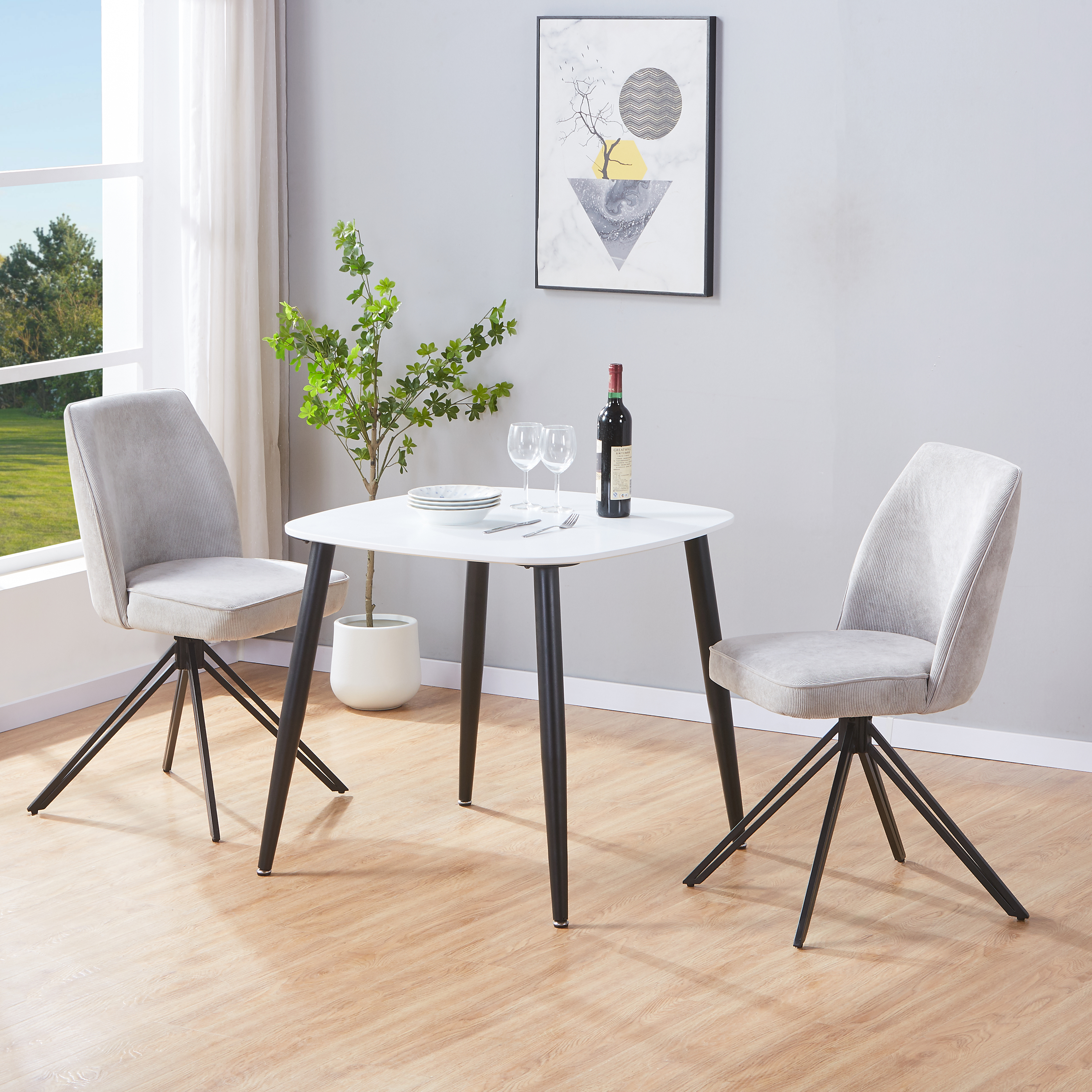 NEXO Square Dining Table with 2 Swivel Fabric Chairs - White with Light Grey - Colton & Sawyer