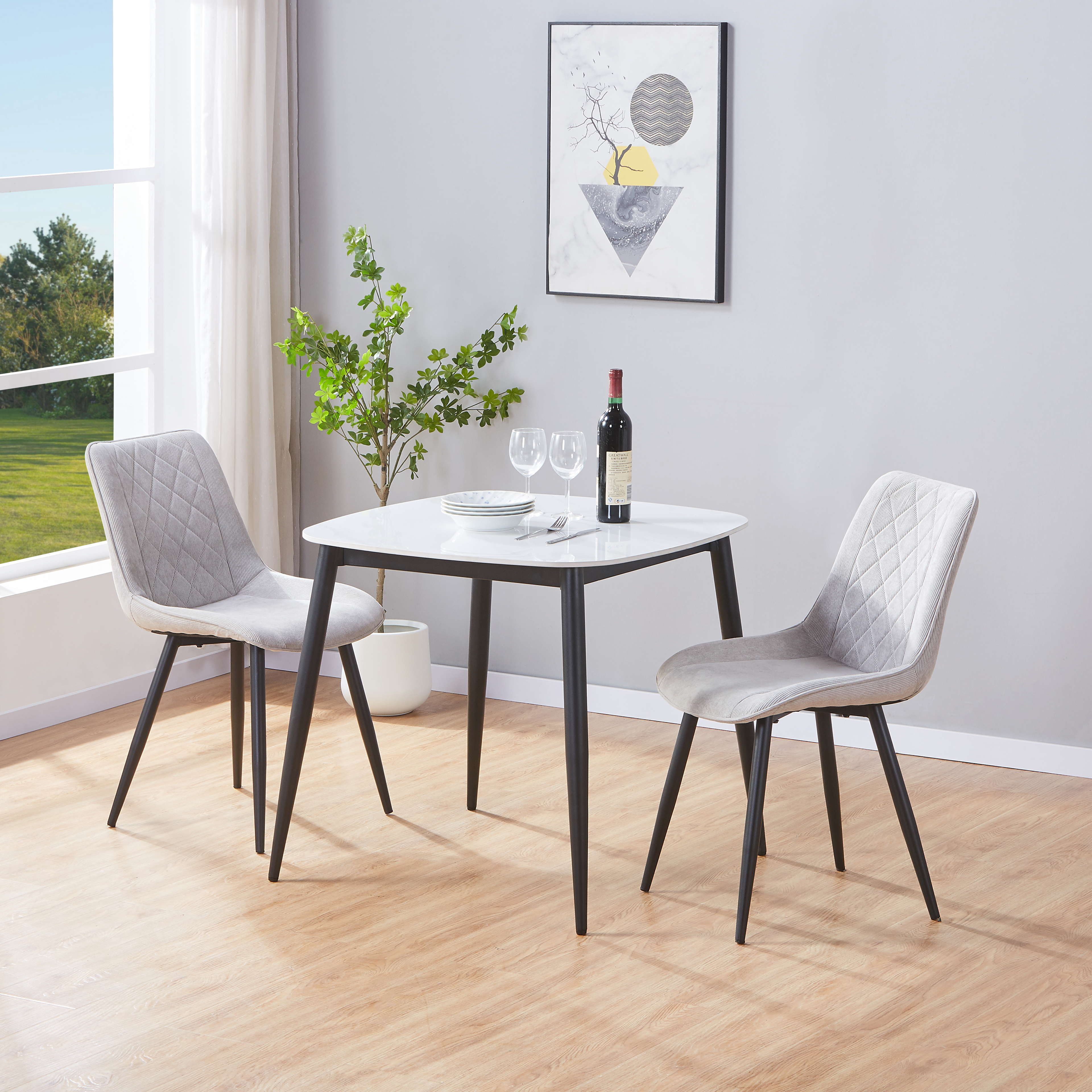 NEXO Sintered Stone Square Dining Table with 2 Cord Diamond Stitch Fabric Chairs - Gloss White with Light Grey - Colton & Sawyer