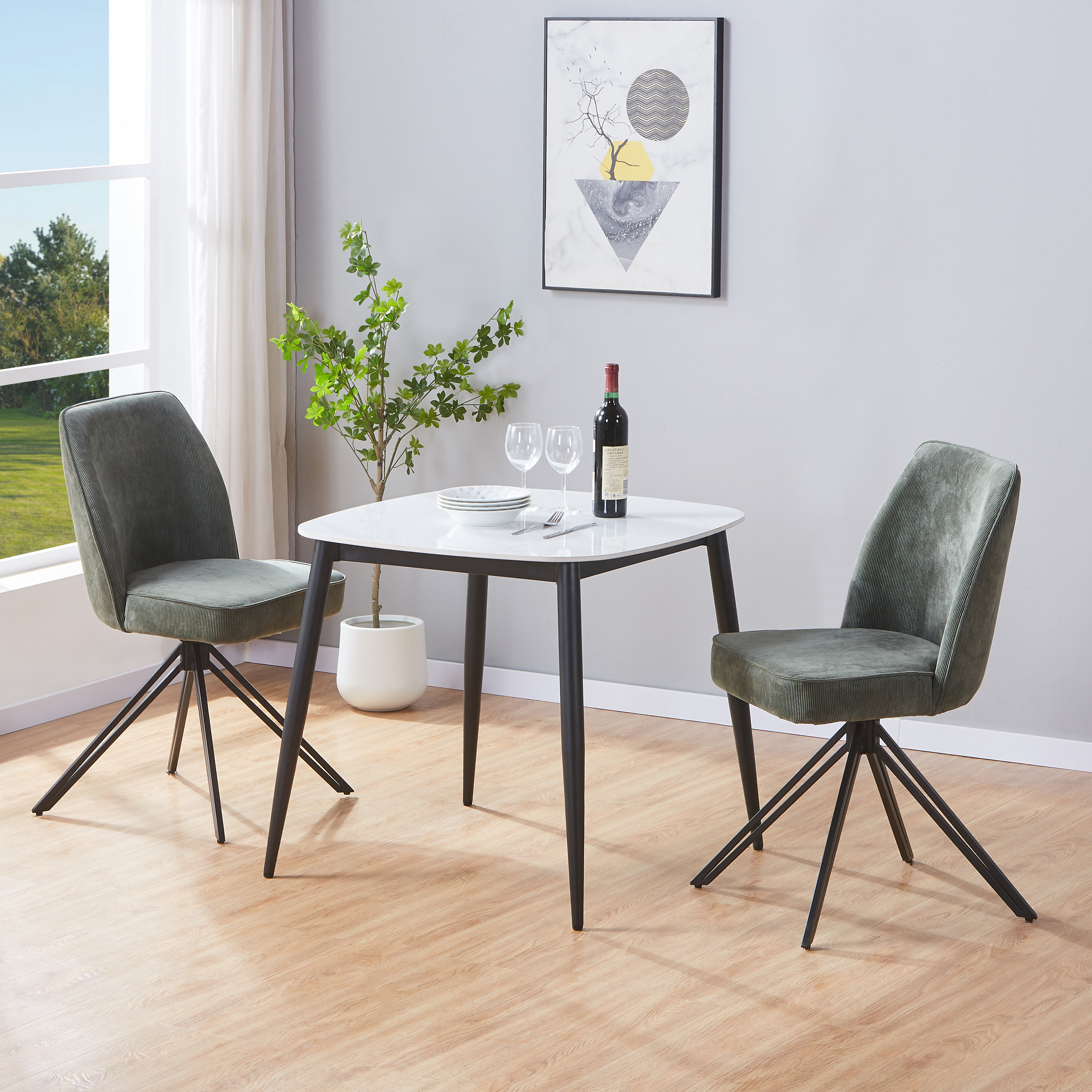 NEXO Sintered Stone Square Dining Table with 2 Swivel Fabric Chairs - Gloss White with Green - Colton & Sawyer