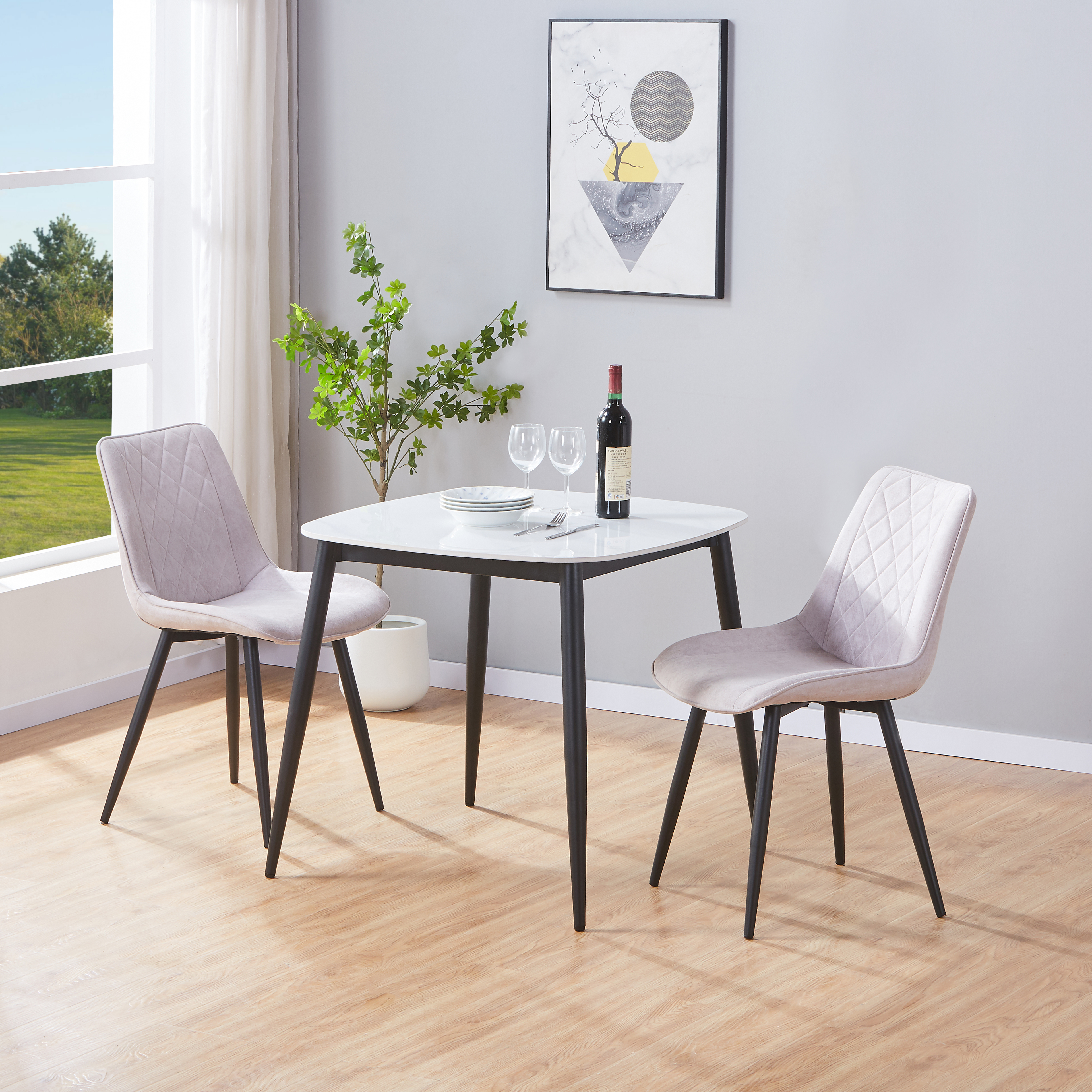 NEXO Sintered Stone Square Dining Table with 2 Diamond Stitch Fabric Chairs - Gloss White with Natural - Colton & Sawyer