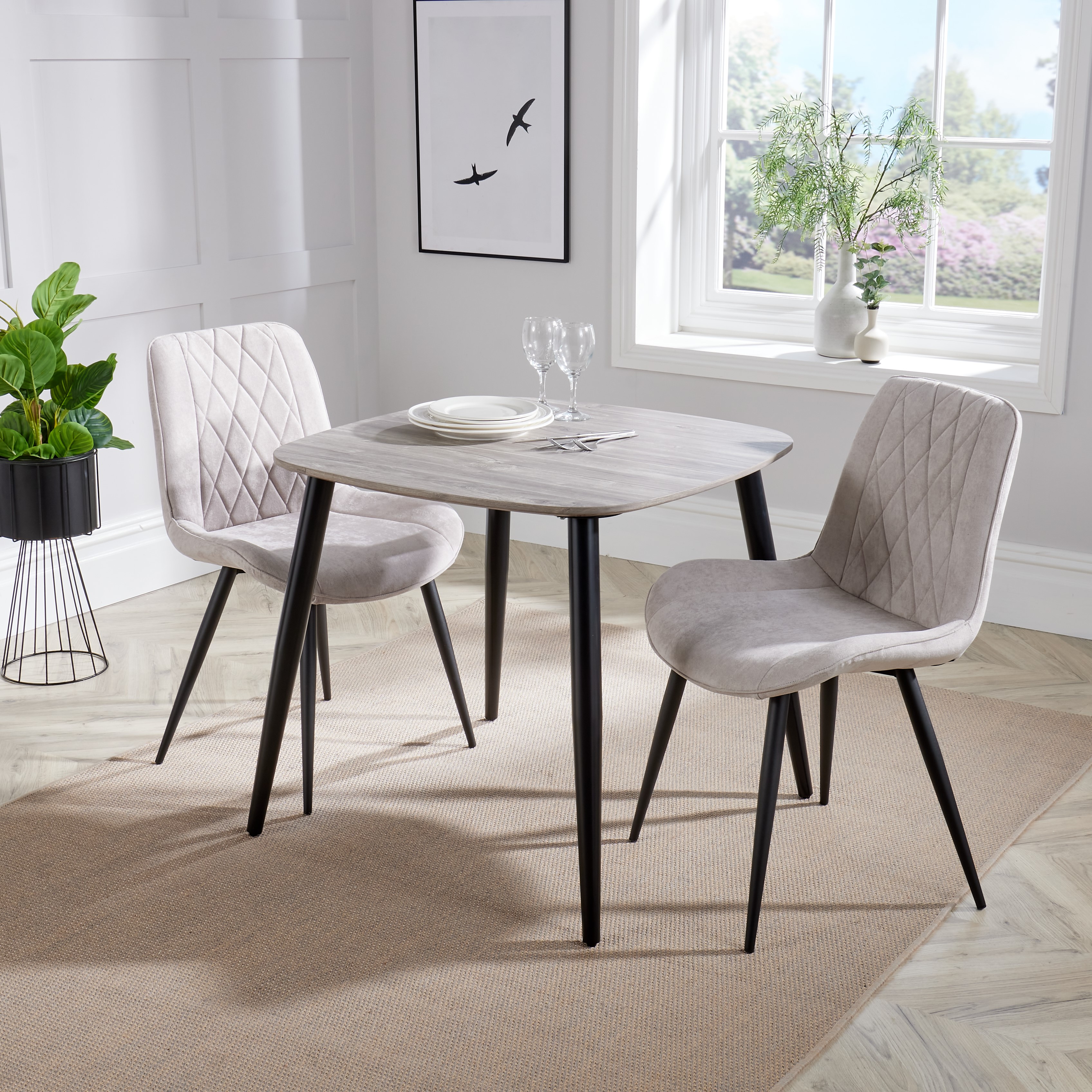 NEXO Square Dining Table with 2 Diamond Stitch Fabric Chairs - Grey Oak with Natural - Colton & Sawyer