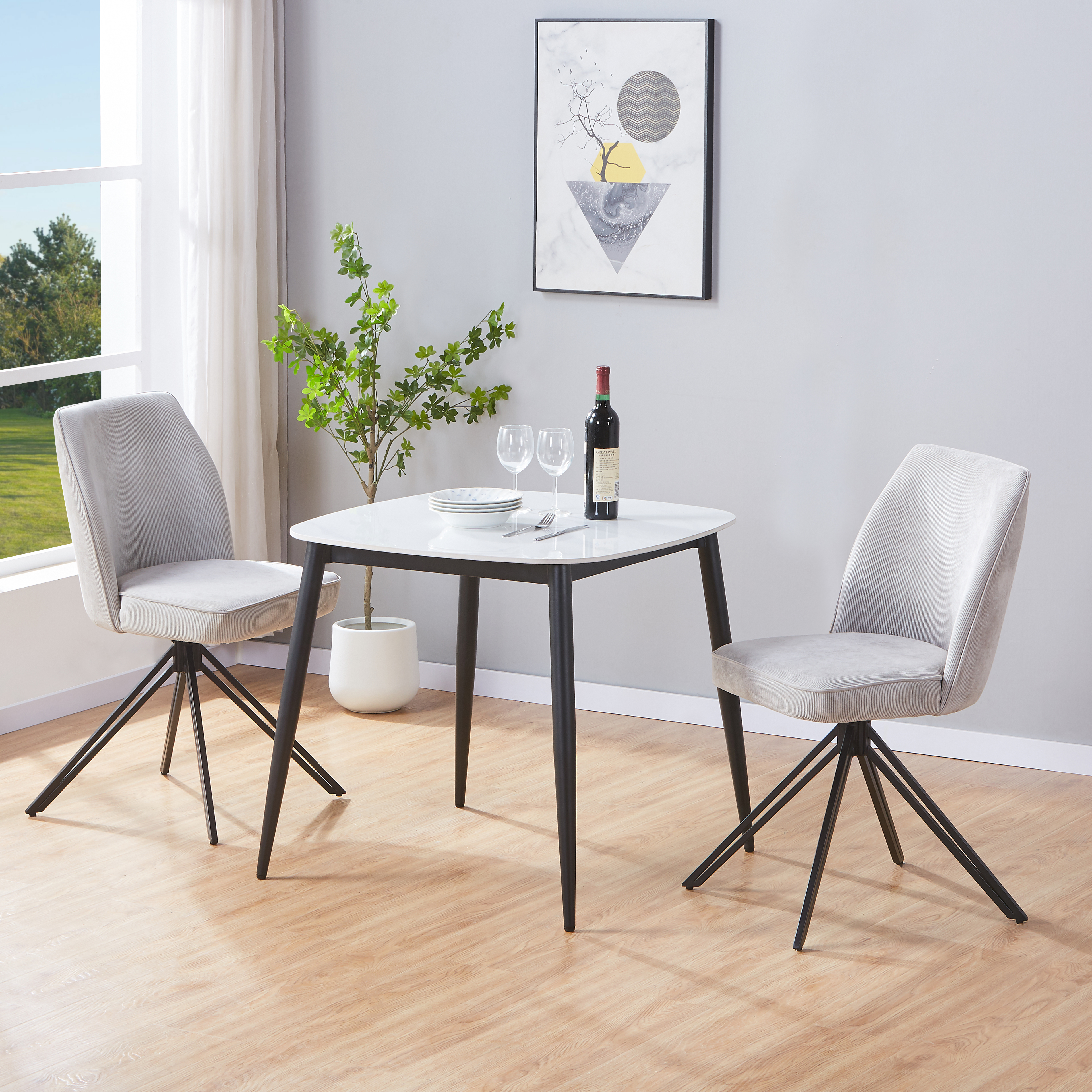 NEXO Sintered Stone Square Dining Table with 2 Swivel Fabric Chairs - Gloss White with Light Grey - Colton & Sawyer