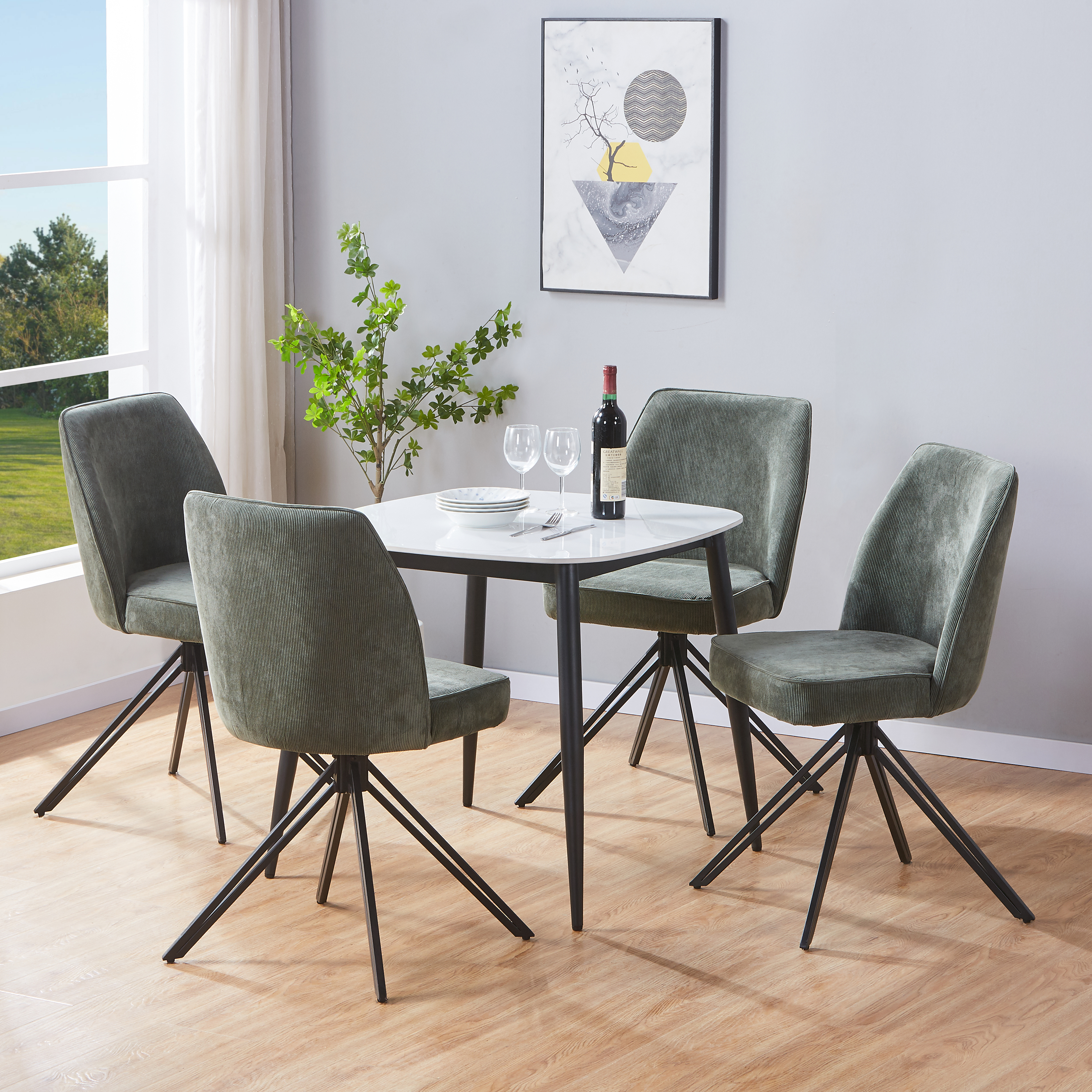 NEXO Sintered Stone Square Dining Table with 4 Swivel Fabric Chairs - Gloss White with Green - Colton & Sawyer