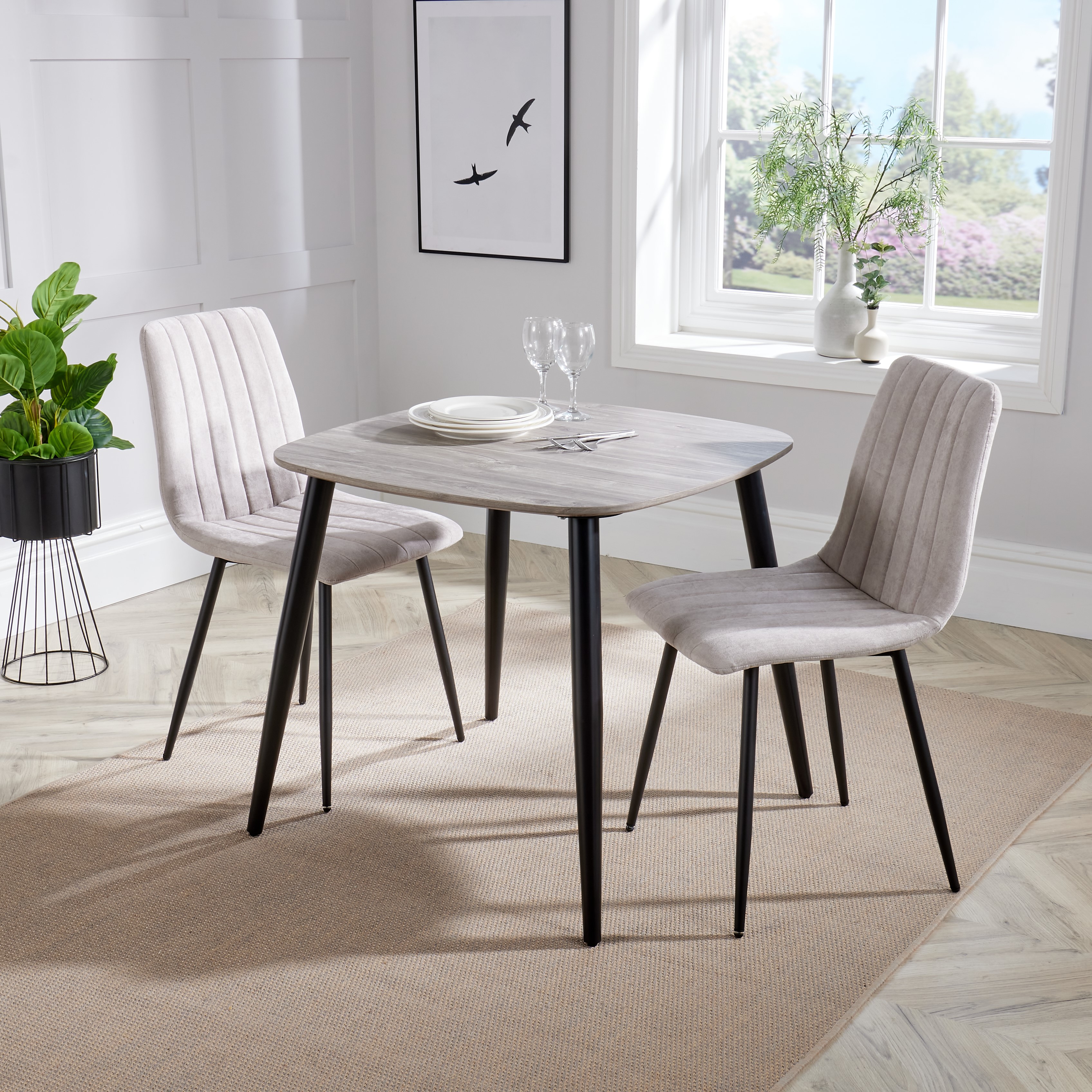 NEXO Square Dining Table with 2 Straight Stitch Fabric Chairs - Grey Oak with Natural - Colton & Sawyer