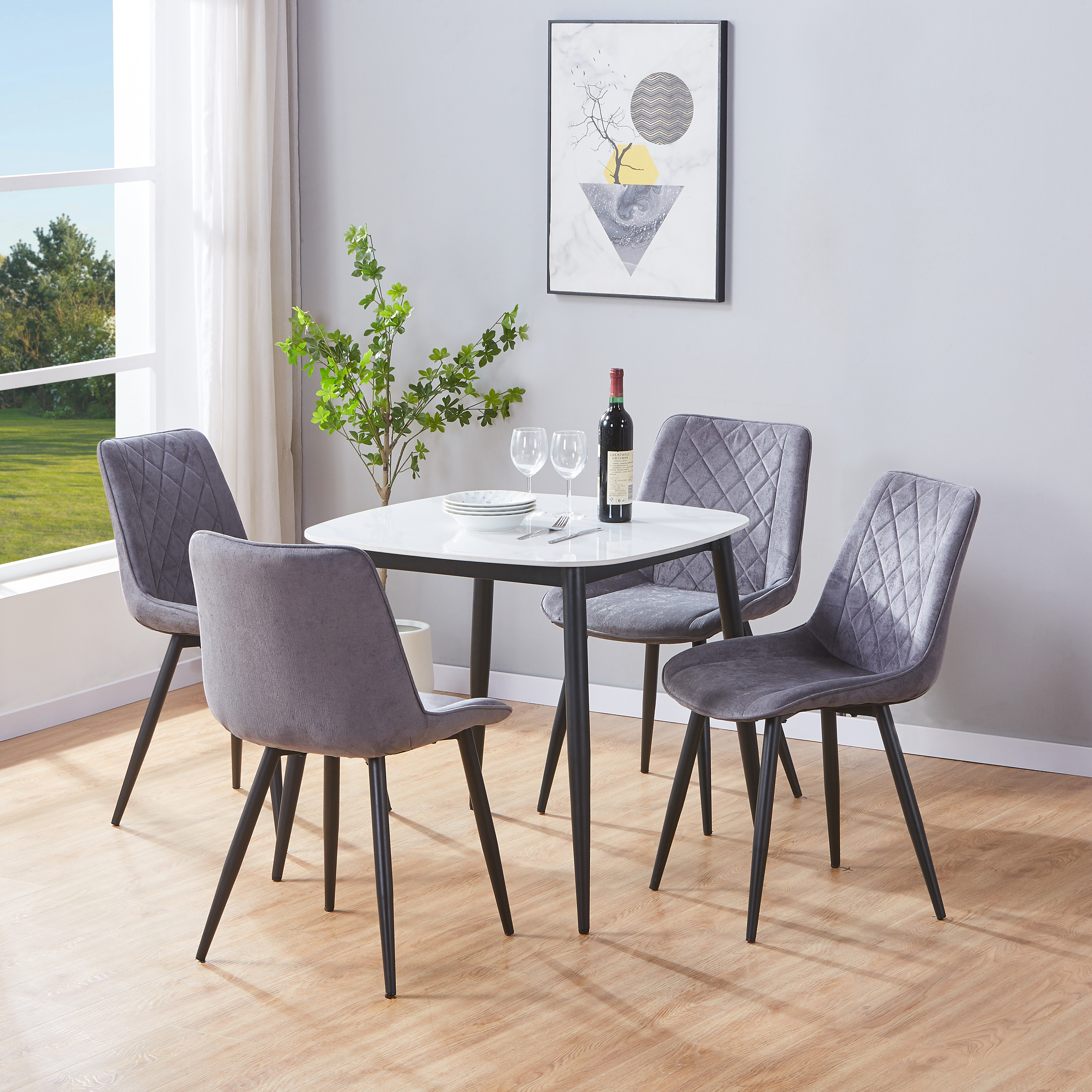 NEXO Sintered Stone Square Dining Table with 4 Diamond Stitch Fabric Chairs - Gloss White with Grey - Colton & Sawyer