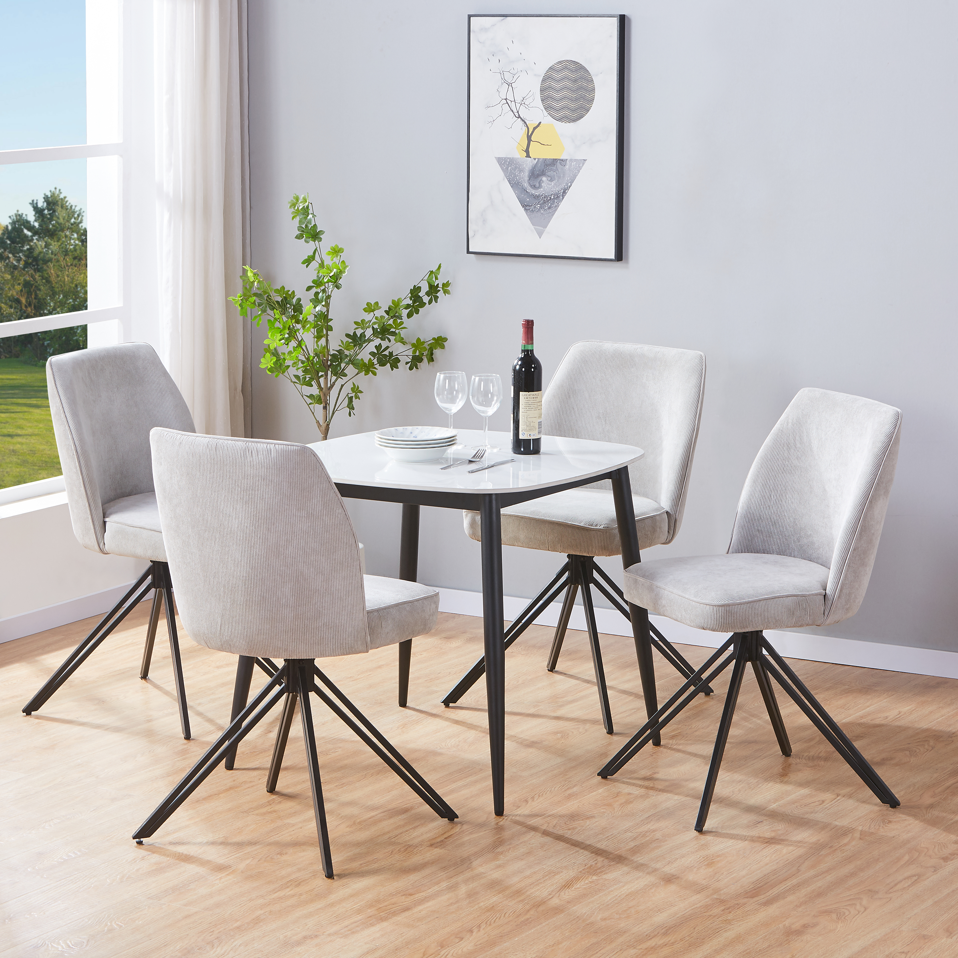 NEXO Sintered Stone Square Dining Table with 4 Swivel Fabric Chairs - Gloss White with Light Grey - Colton & Sawyer