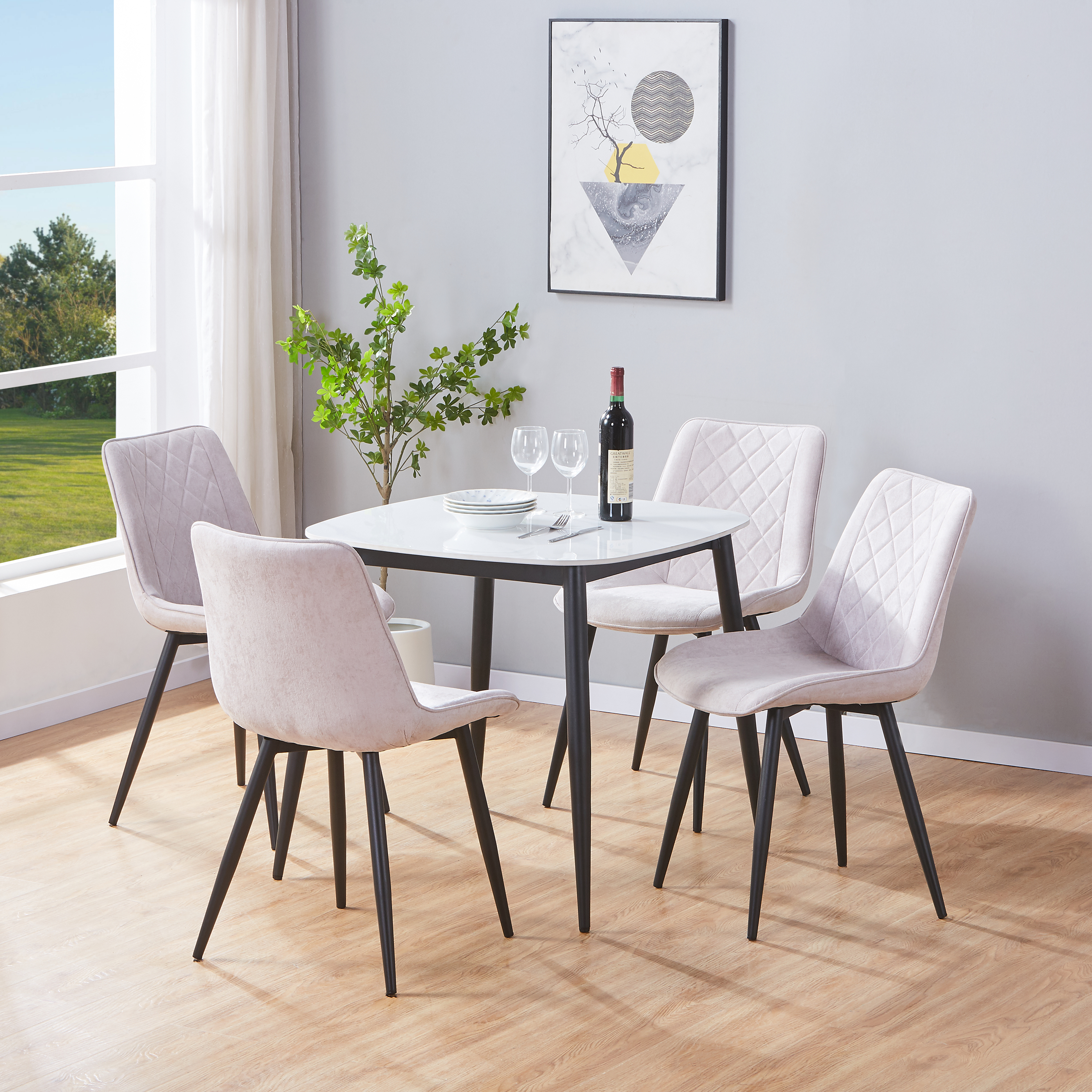 NEXO Sintered Stone Square Dining Table with 4 Diamond Stitch Fabric Chairs - Gloss White with Natural - Colton & Sawyer