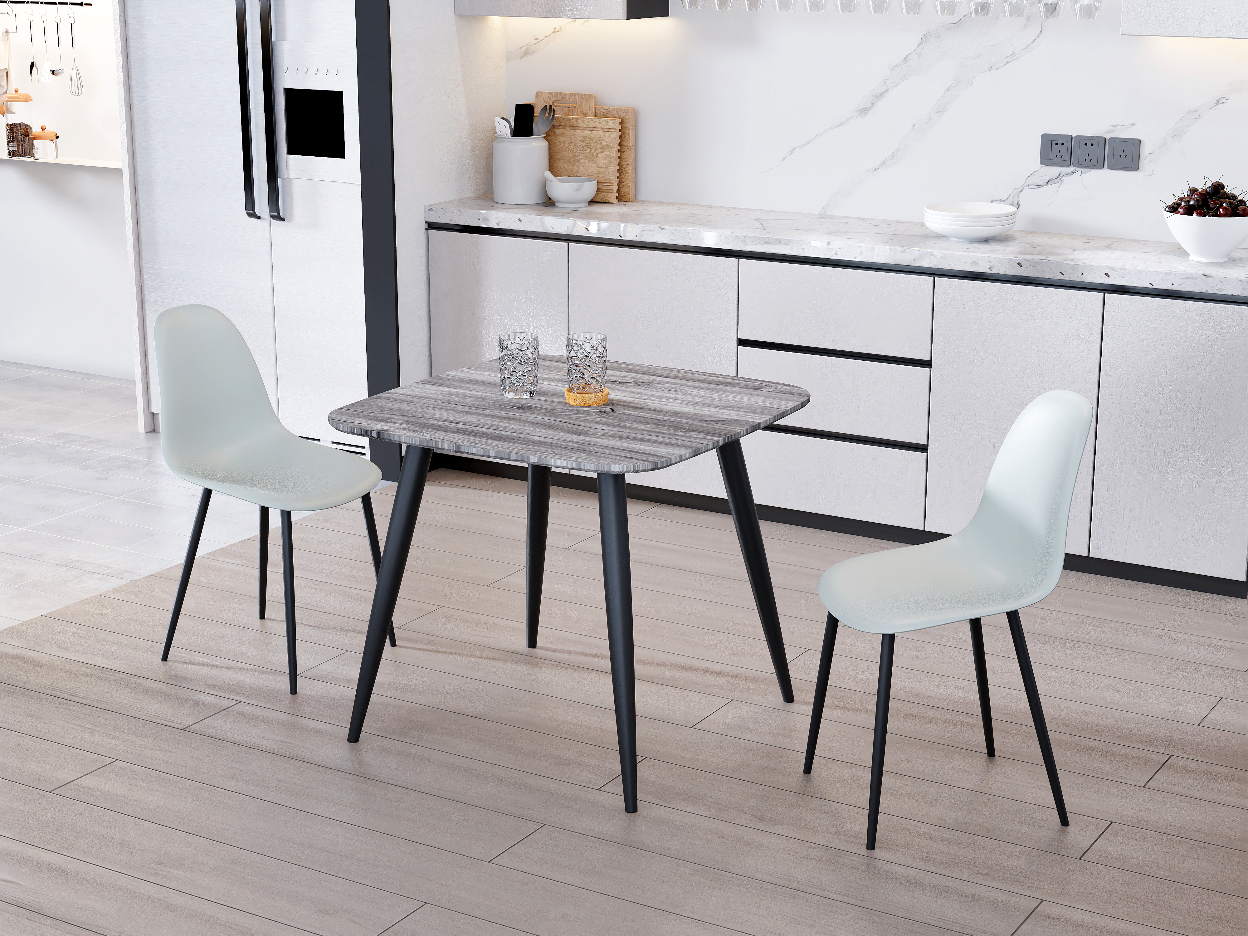 NEXO Square Dining Table with 2 Curve Plastic Chairs - Grey Oak with Grey - Colton & Sawyer