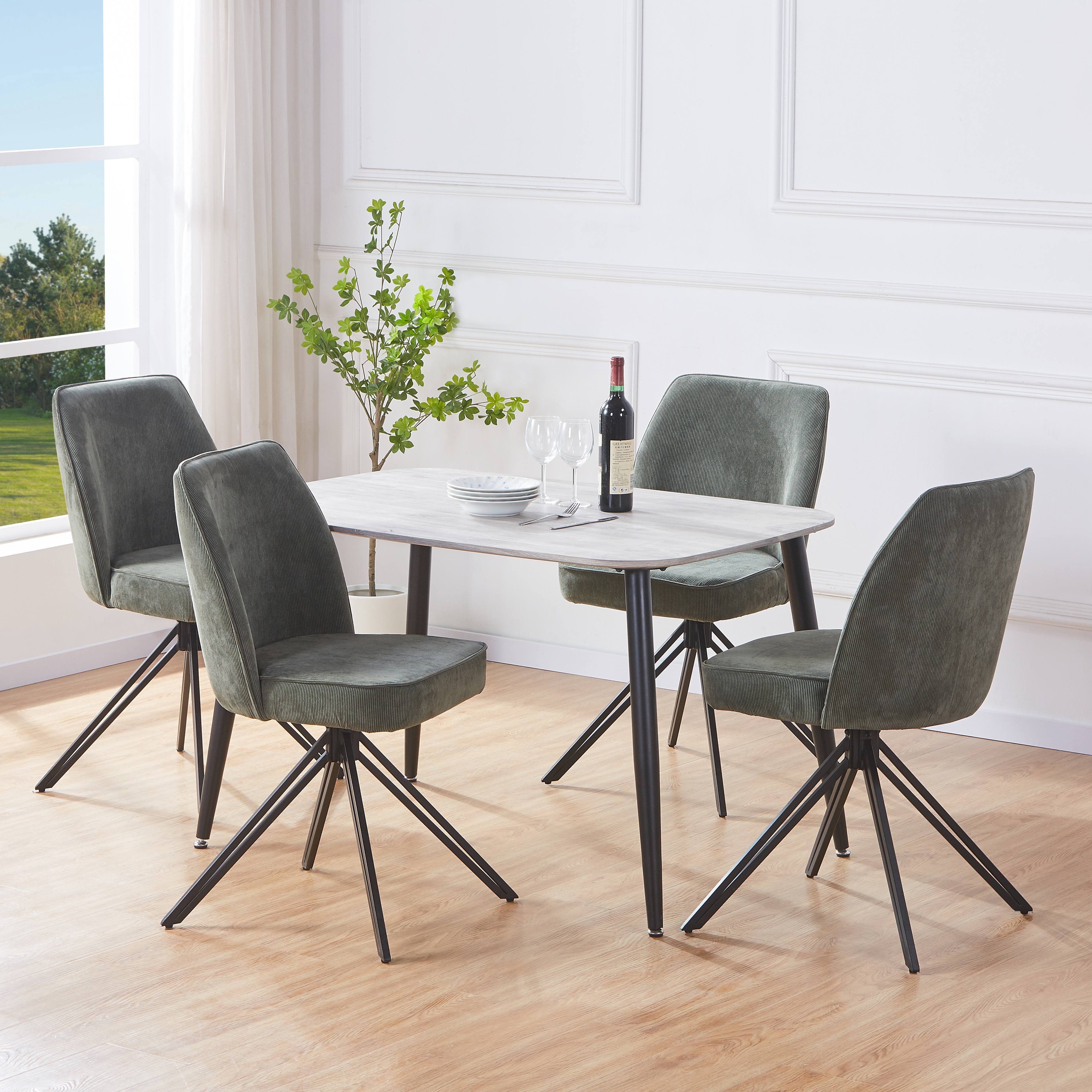 NEXO Rectangular Dining Table with 4 Swivel Fabric Chairs - Grey Oak with Green - Colton & Sawyer