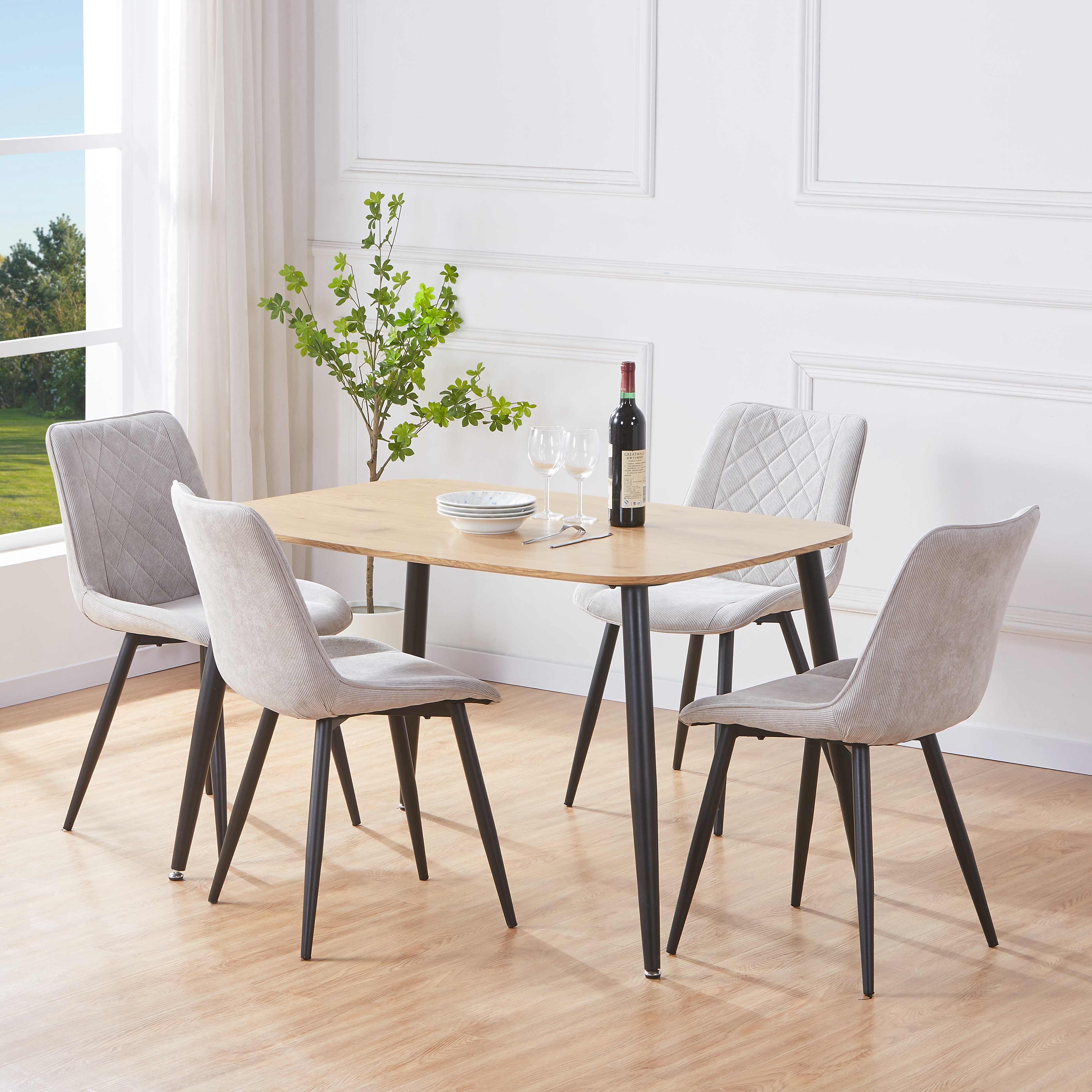 NEXO Rectangular Dining Table with 4 Cord Diamond Stitch Fabric Chairs - Light Oak with Light Grey - Colton & Sawyer