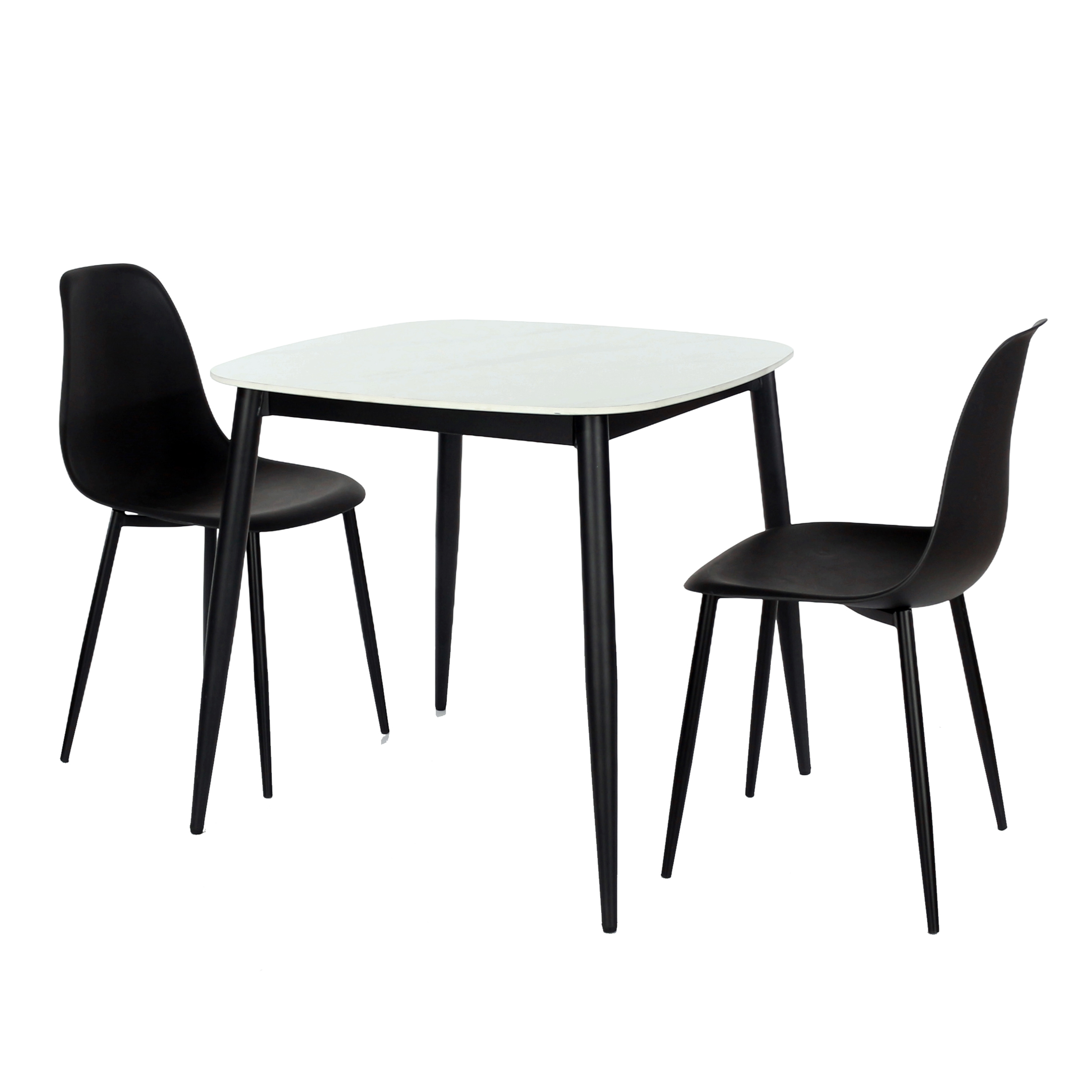 NEXO Sintered Stone Square Dining Table with 2 Curve Plastic Chairs - Gloss White with Black - Colton & Sawyer