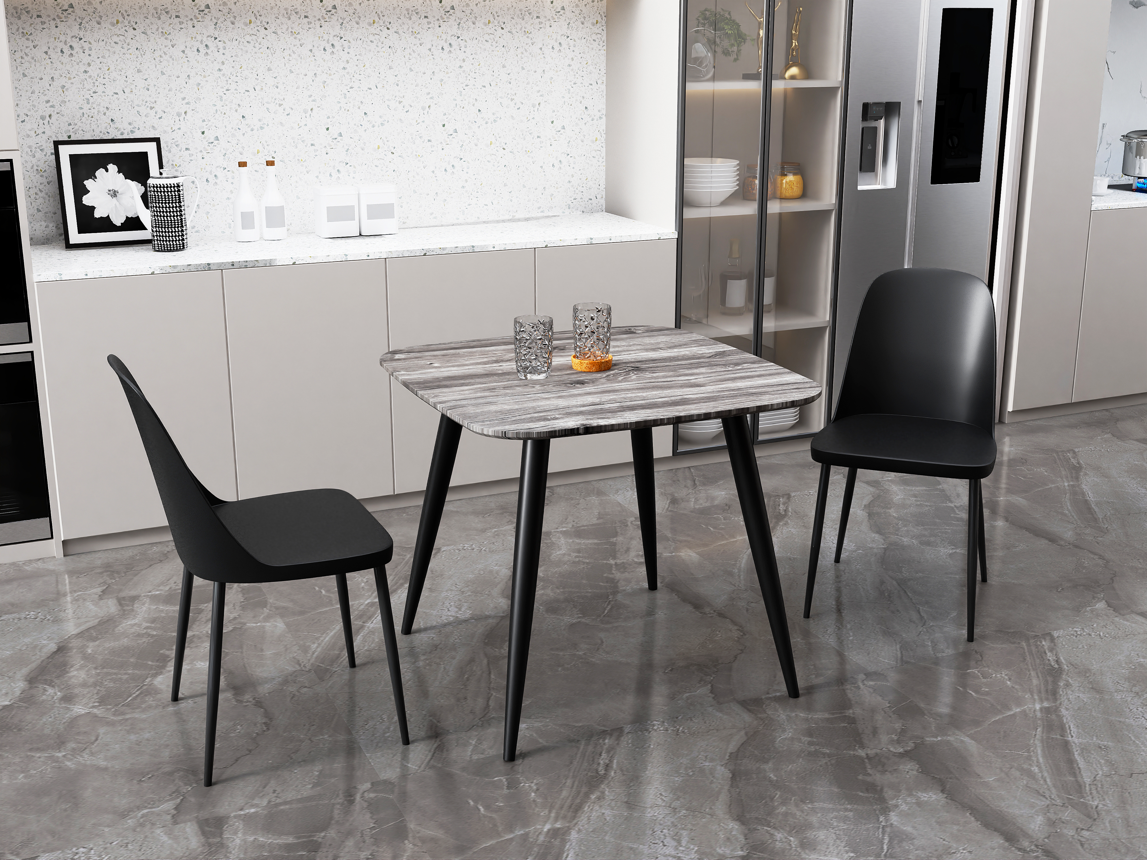 NEXO Square Dining Table with 2 Duo Plastic Chairs - Grey Oak with Black - Colton & Sawyer