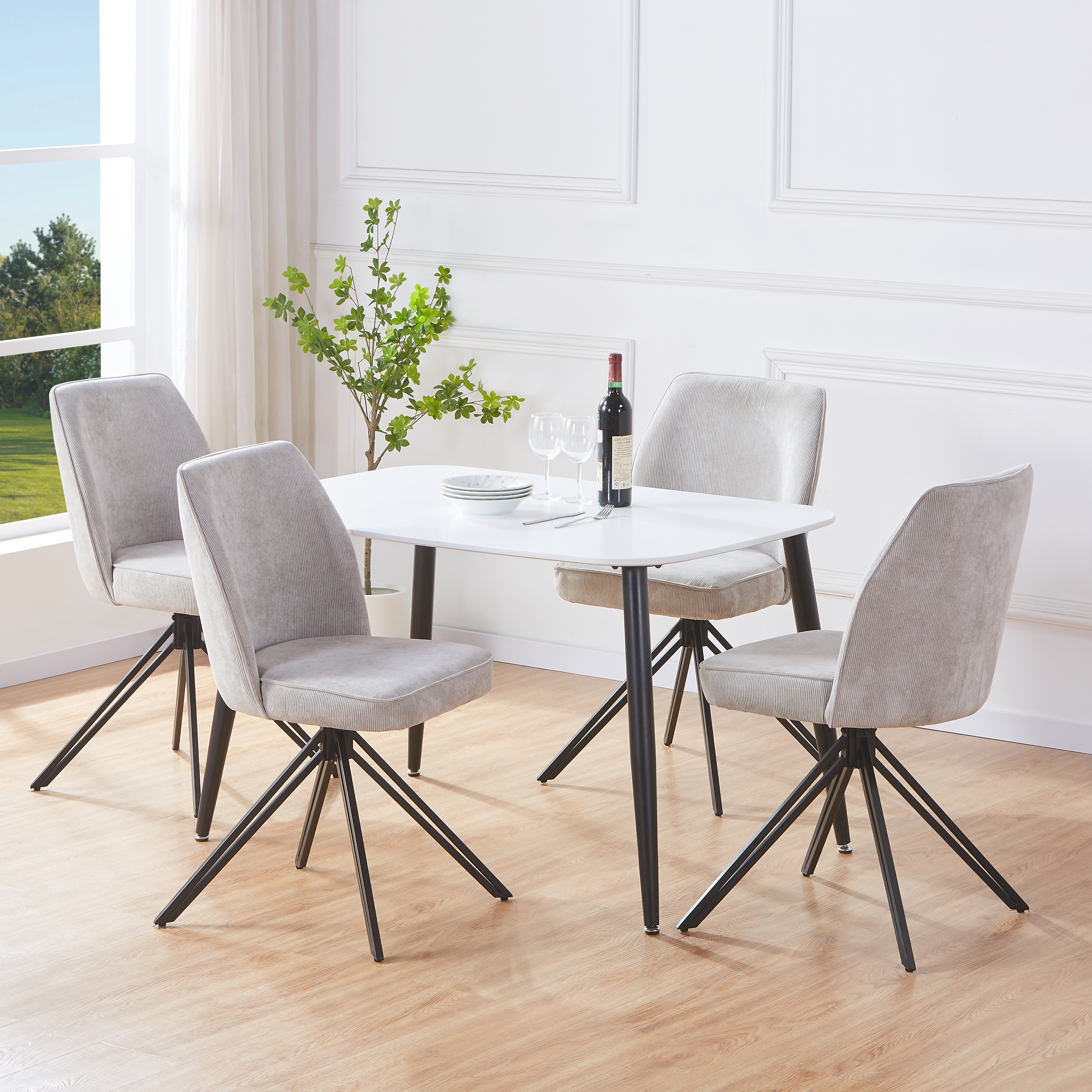 NEXO Rectangular Dining Table with 2 Swivel Fabric Chairs - White with Light Grey - Colton & Sawyer