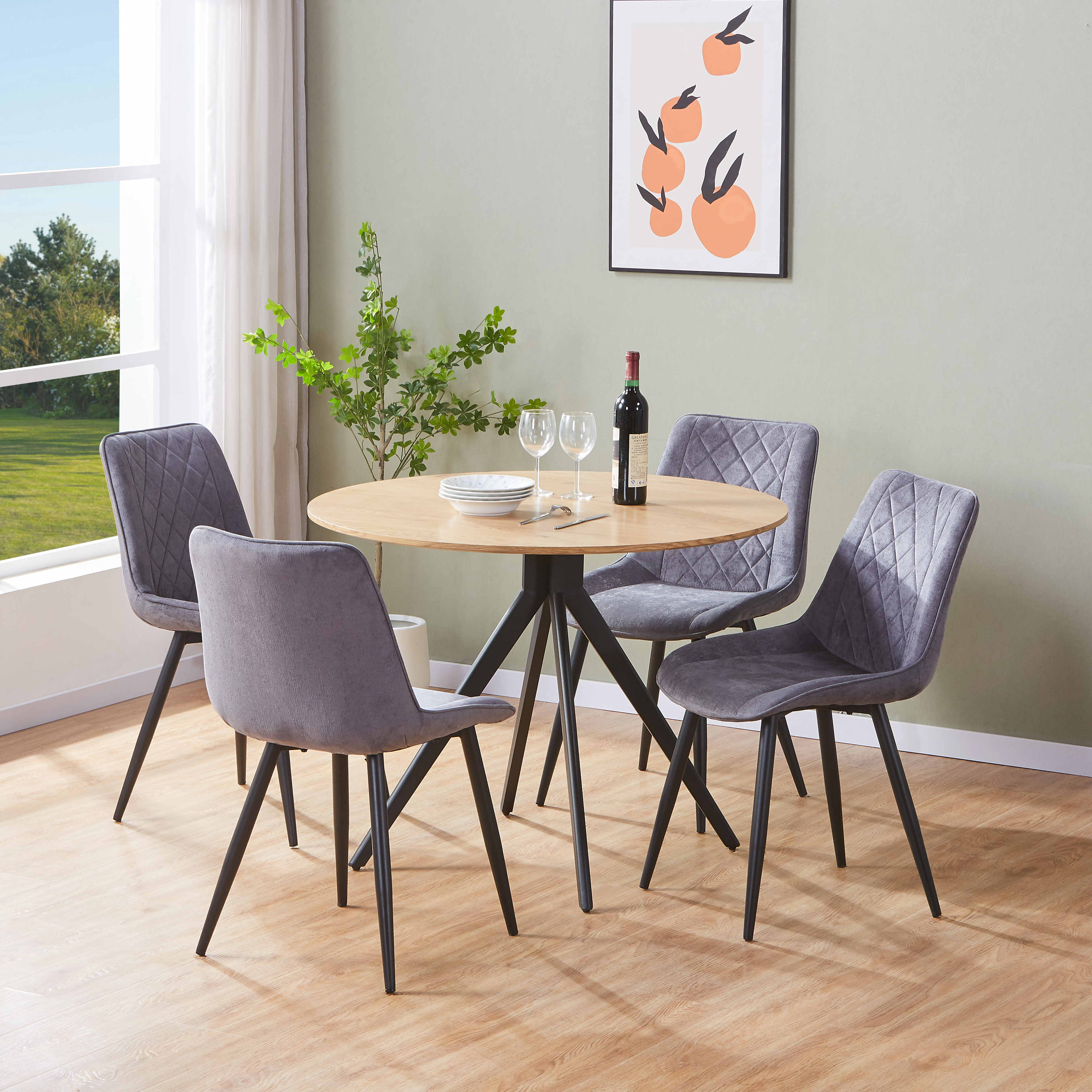 NEXO Round Dining Table with 4 Diamond Stitch Fabric Chairs - Light Oak with Grey - Colton & Sawyer