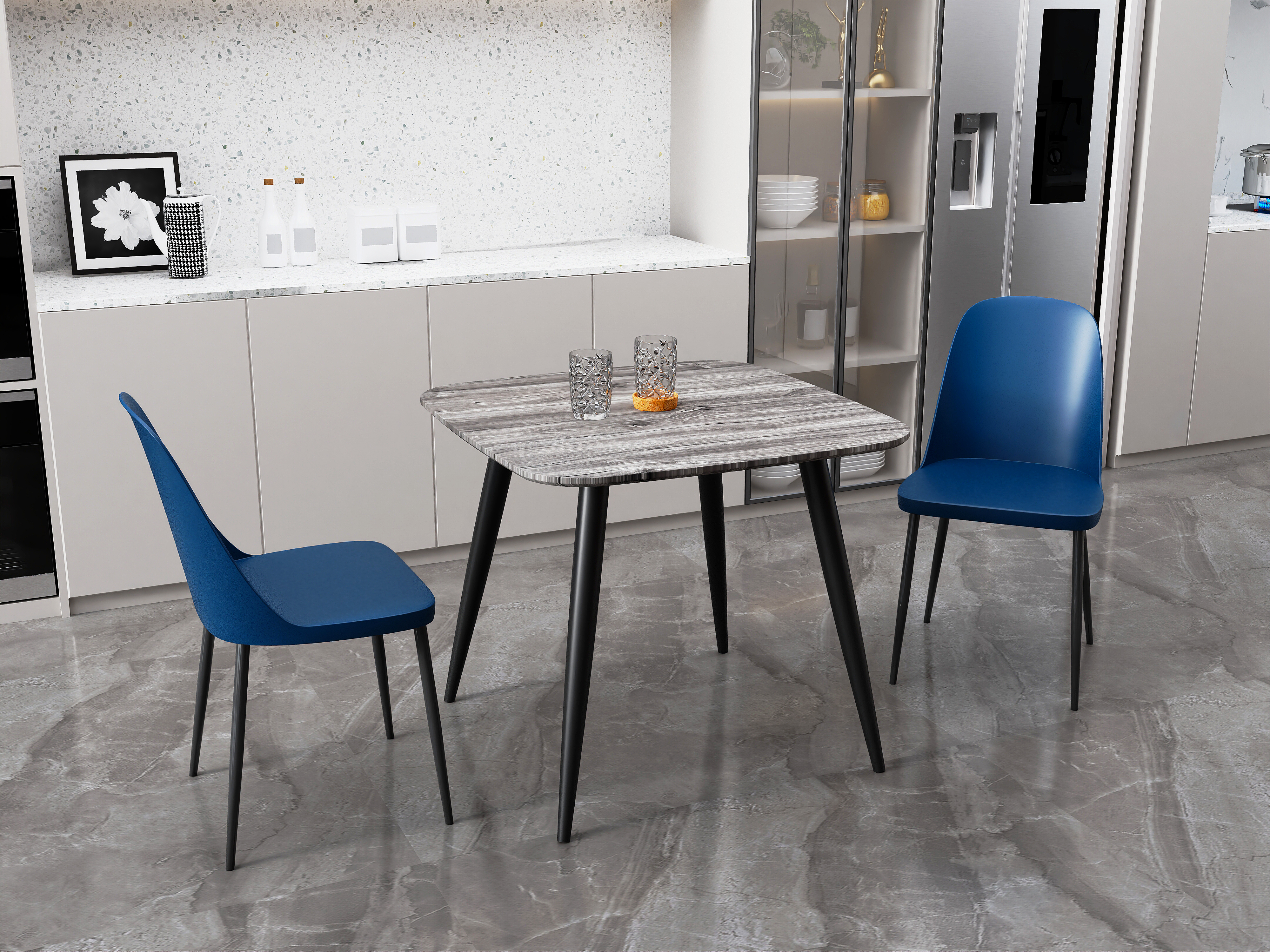 NEXO Square Dining Table with 2 Duo Plastic Chairs - Grey Oak with Blue - Colton & Sawyer