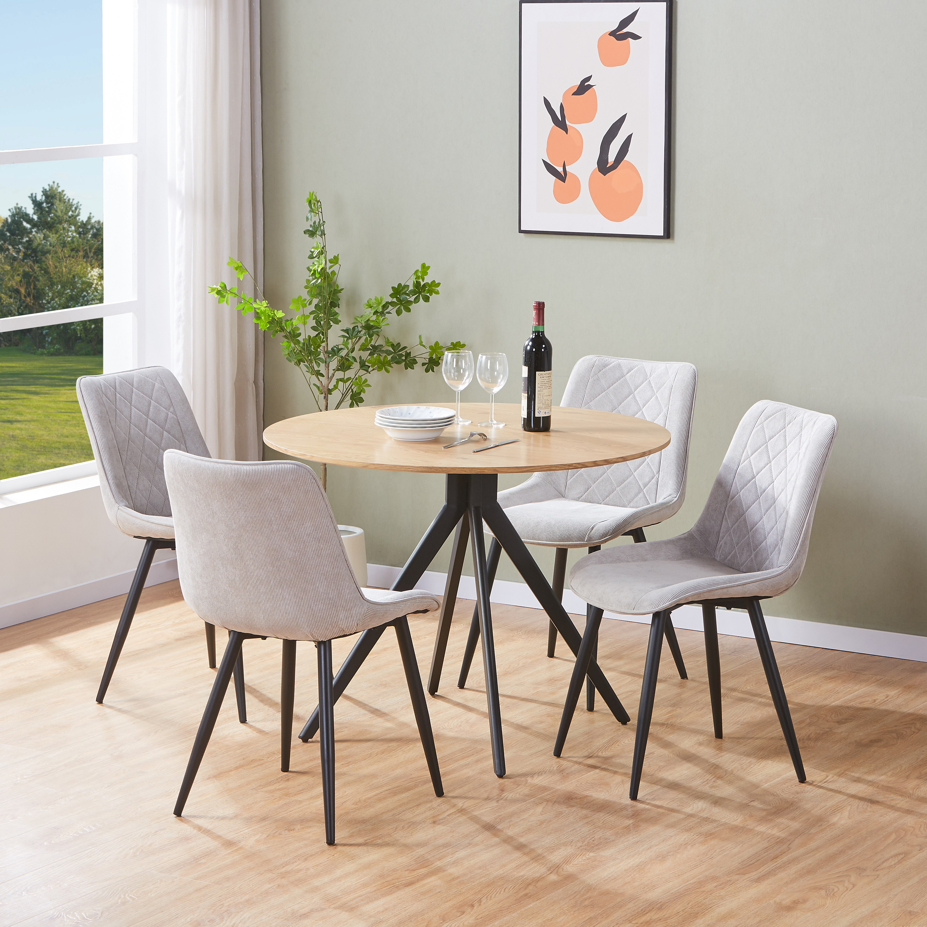 NEXO Round Dining Table with 4 Cord Diamond Stitch Fabric Chairs - Light Oak with Light Grey - Colton & Sawyer