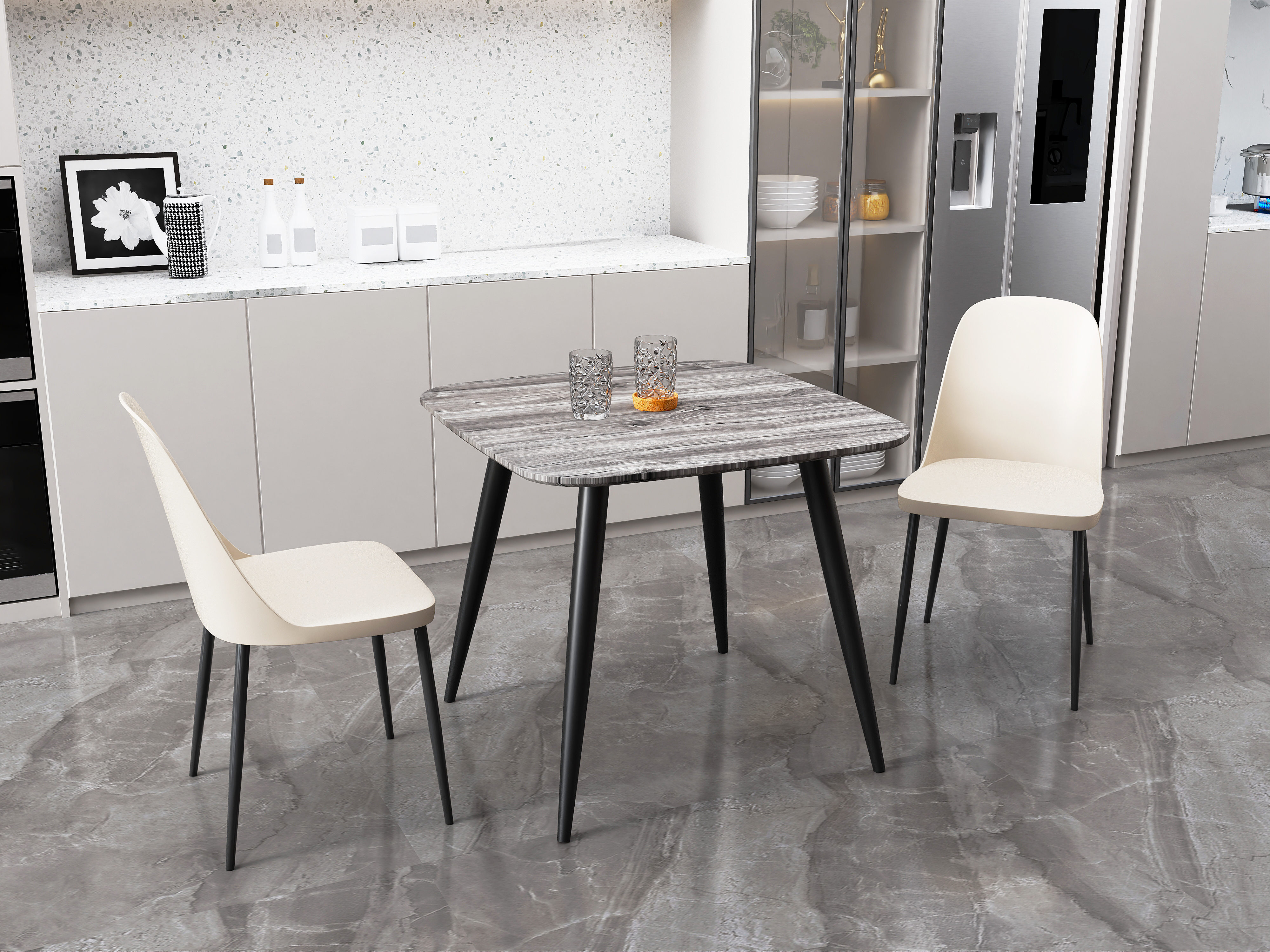 NEXO Square Dining Table with 2 Duo Plastic Chairs - Grey Oak with Calico - Colton & Sawyer
