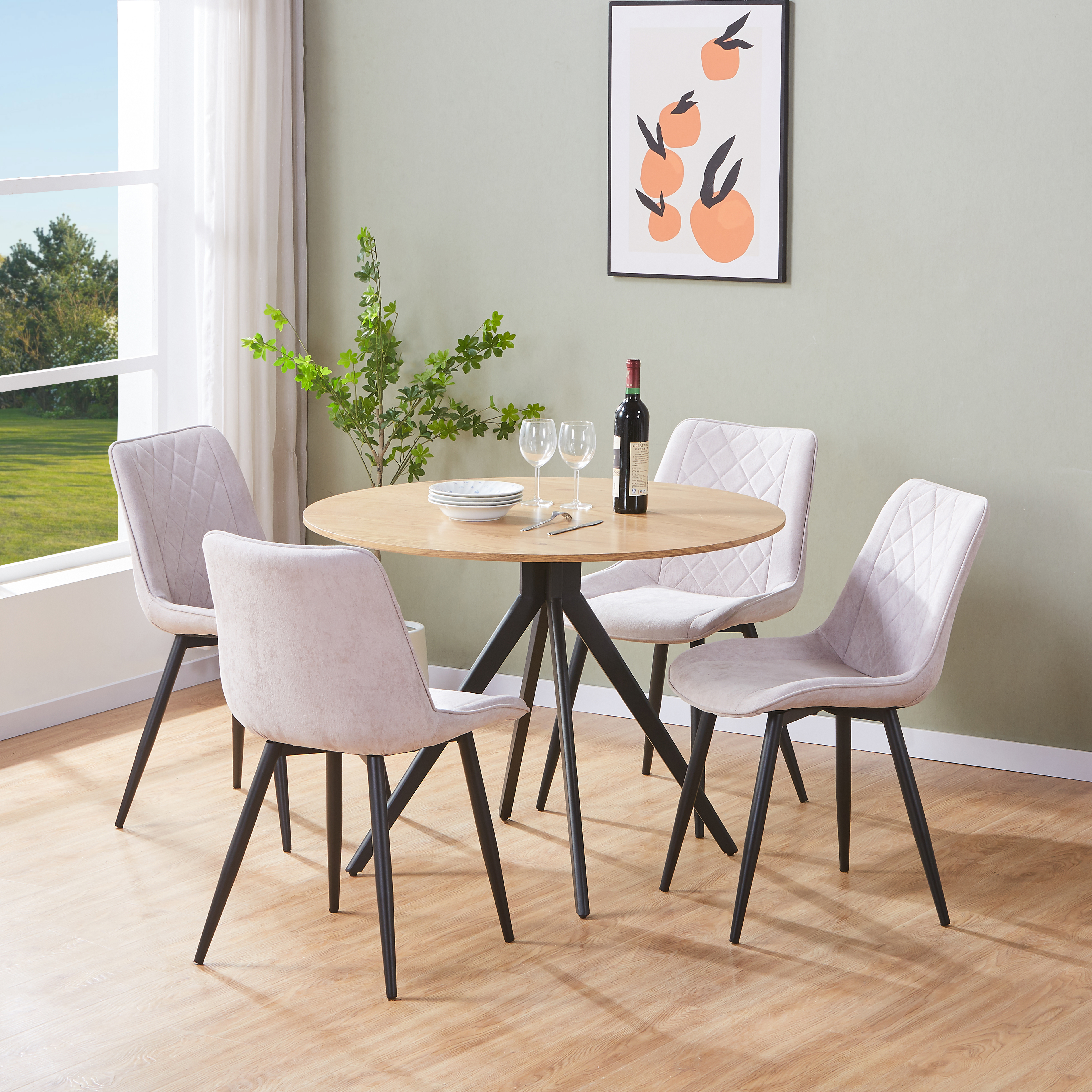 NEXO Round Dining Table with 4 Diamond Stitch Fabric Chairs - Light Oak with Natural - Colton & Sawyer