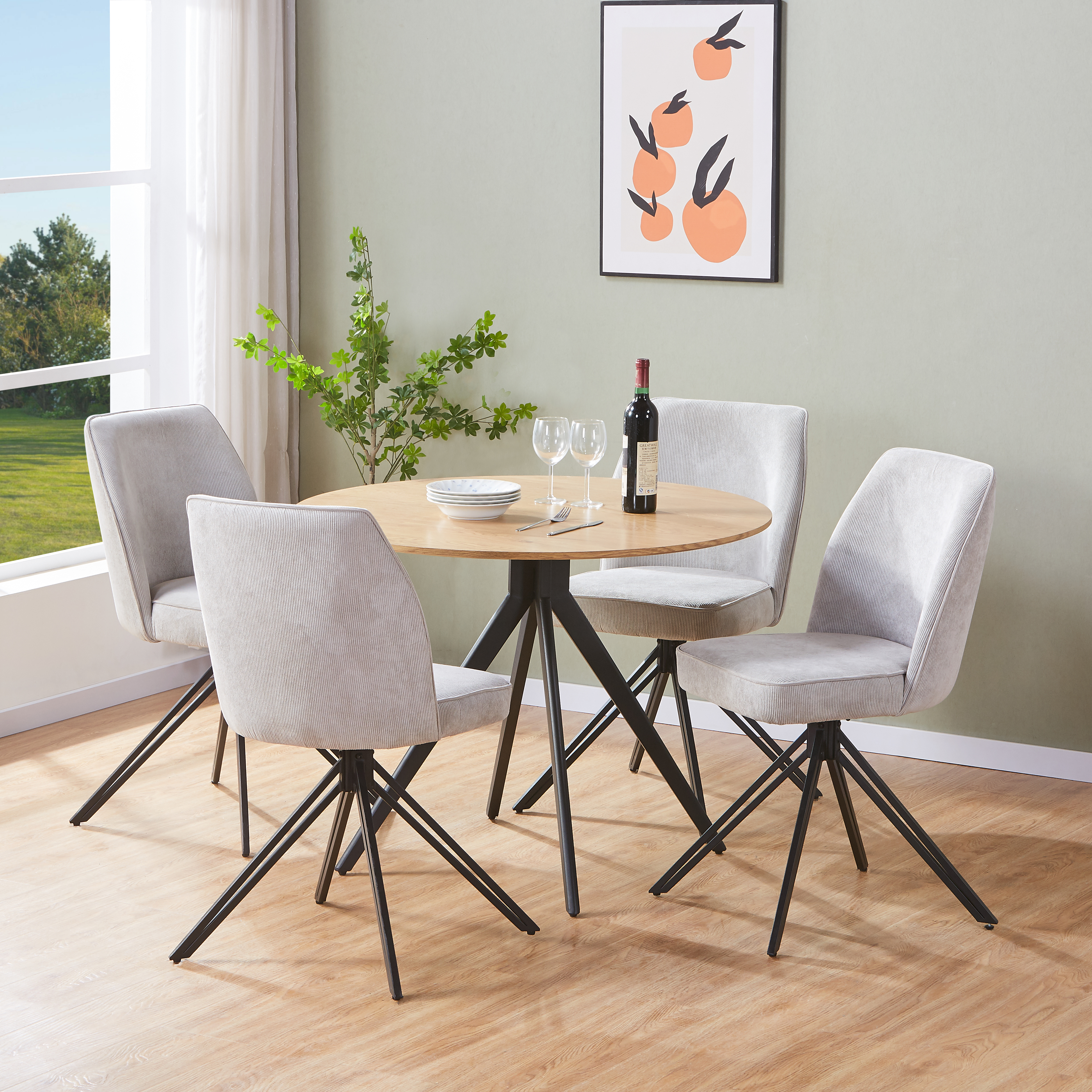 NEXO Round Dining Table with 4 Swivel Fabric Chairs - Light Oak with Light Grey - Colton & Sawyer