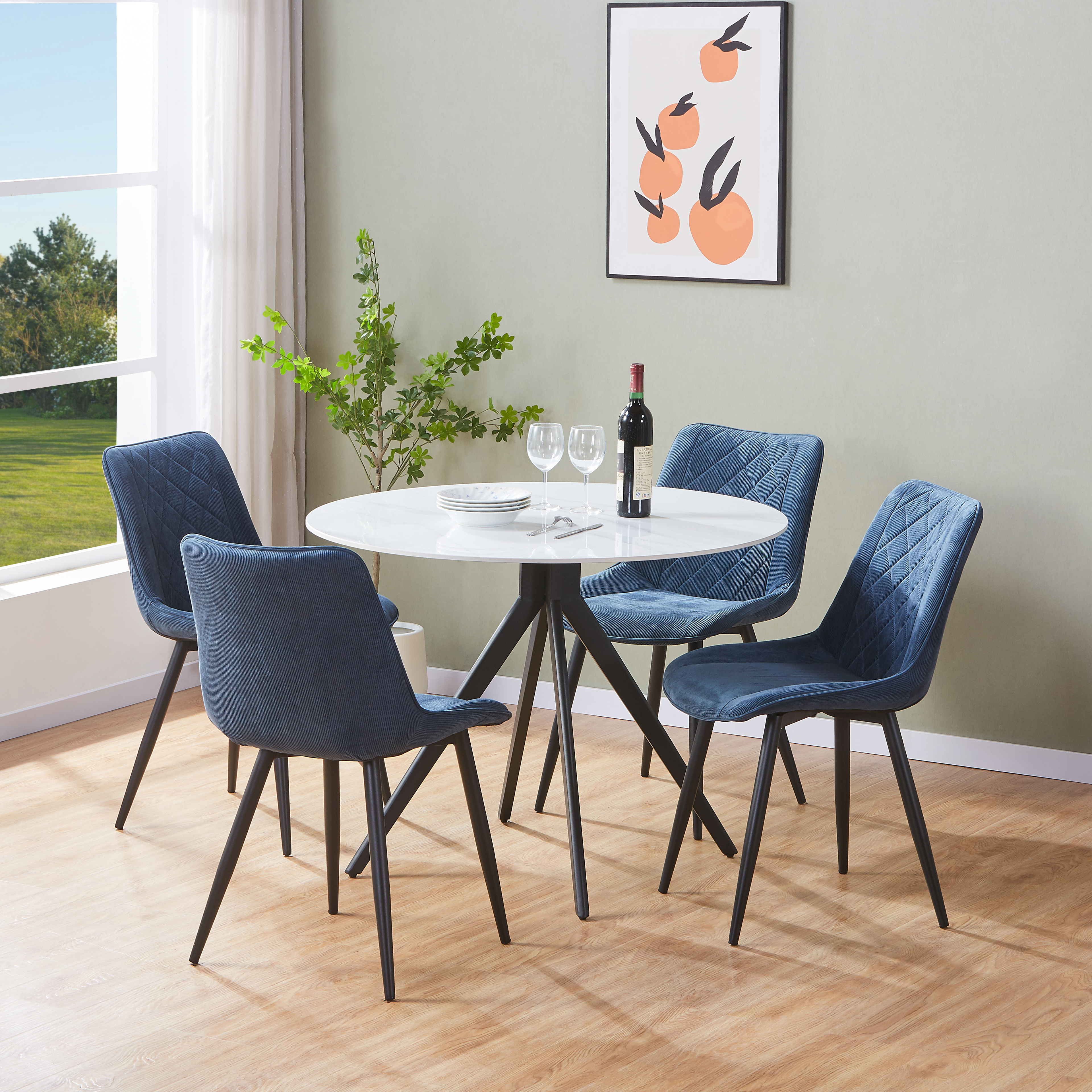NEXO Sintered Stone Round Dining Table with 4 Cord Diamond Stitch Fabric Chairs - Gloss White with Blue - Colton & Sawyer