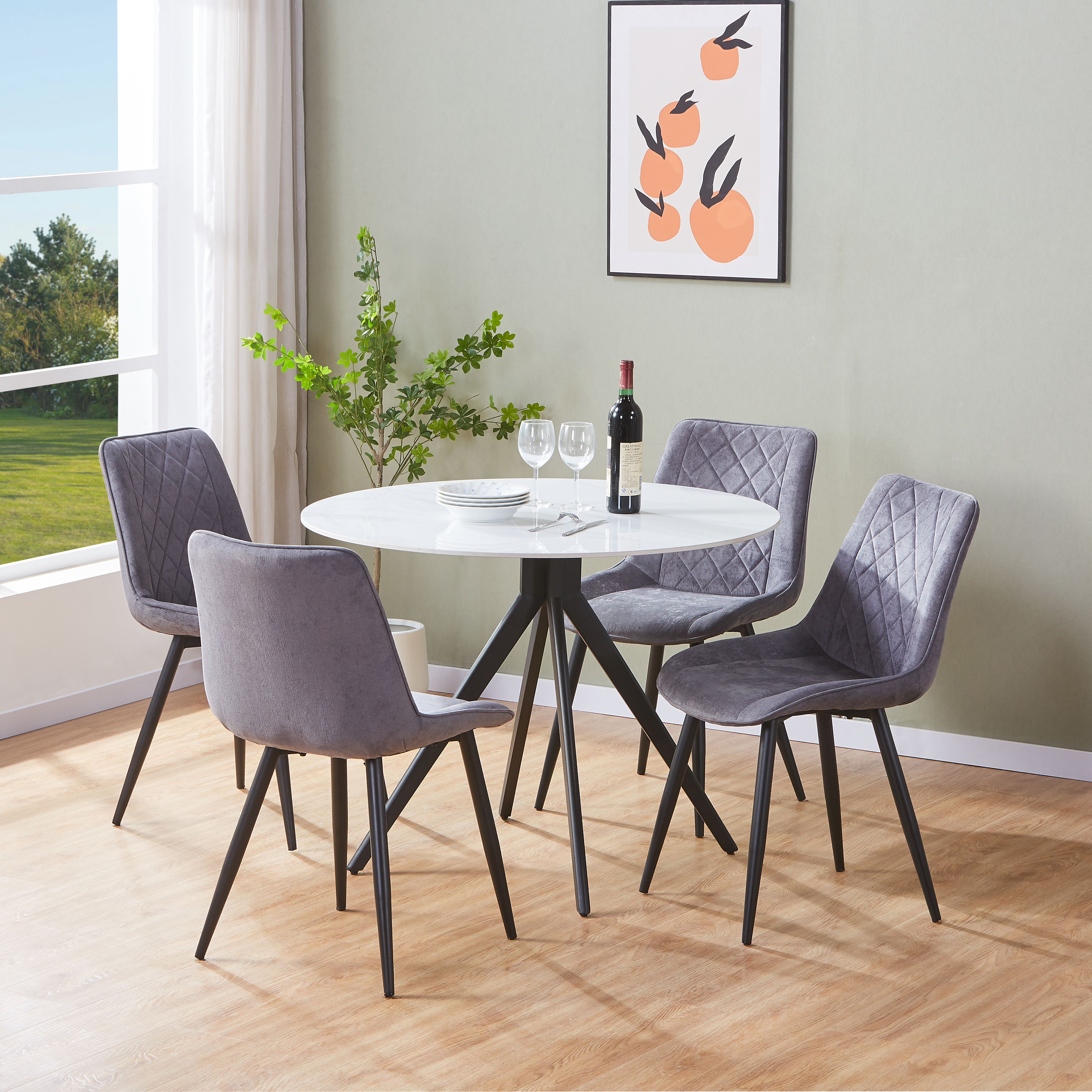 NEXO Sintered Stone Round Dining Table with 4 Diamond Stitch Fabric Chairs - Gloss White with Grey - Colton & Sawyer