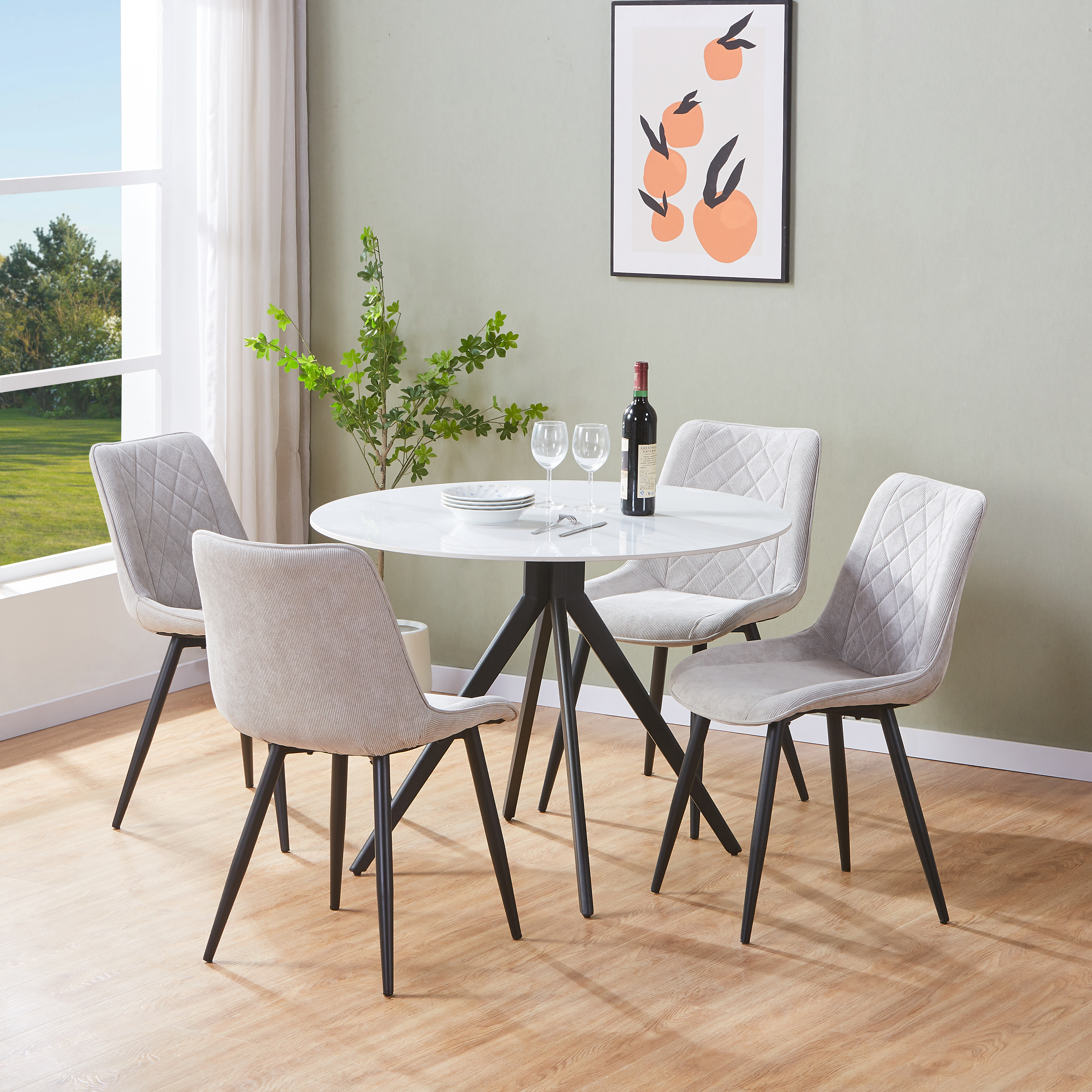 NEXO Sintered Stone Round Dining Table with 4 Cord Diamond Stitch Fabric Chairs - Gloss White with Light Grey - Colton & Sawyer