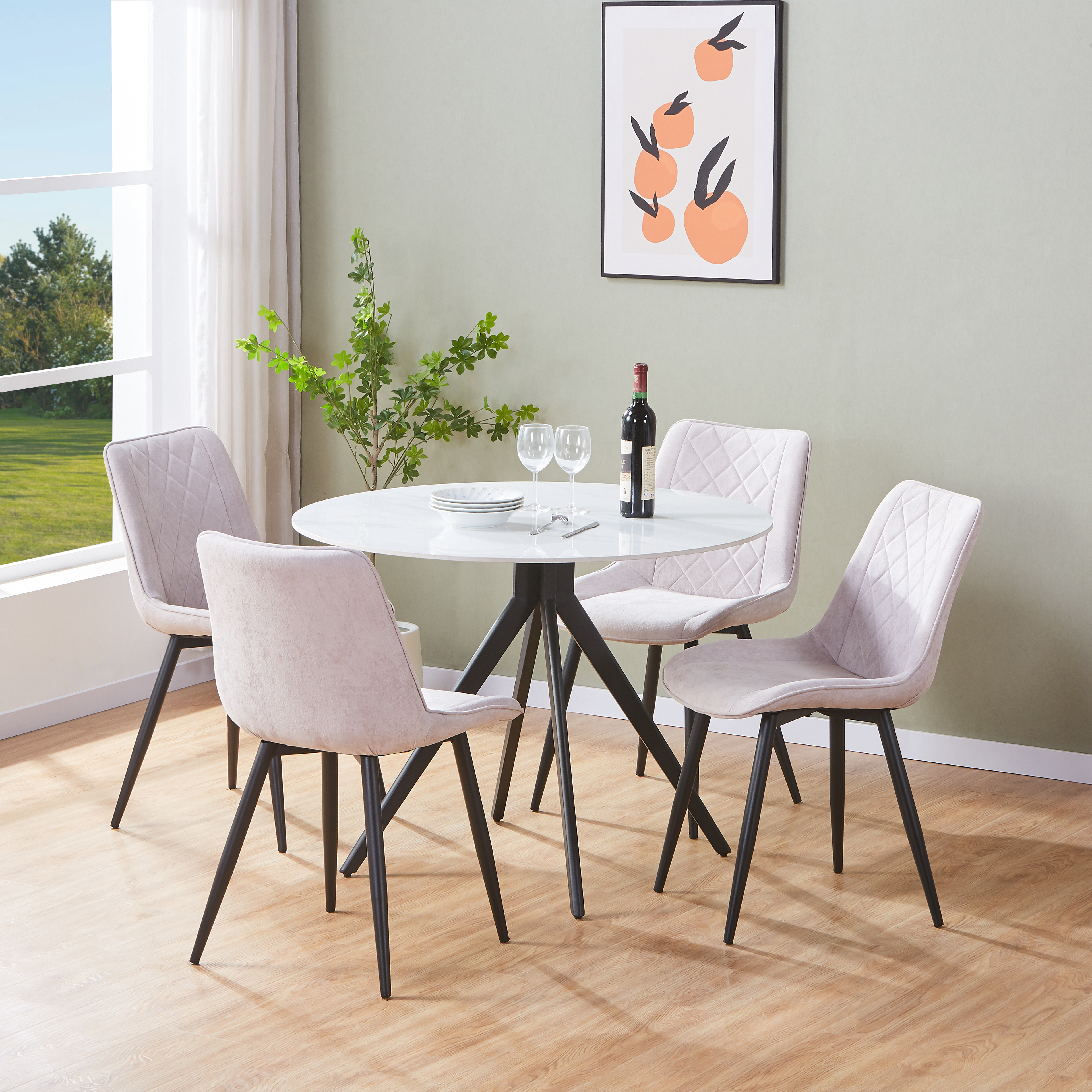 NEXO Sintered Stone Round Dining Table with 4 Diamond Stitch Fabric Chairs - Gloss White with Natural - Colton & Sawyer