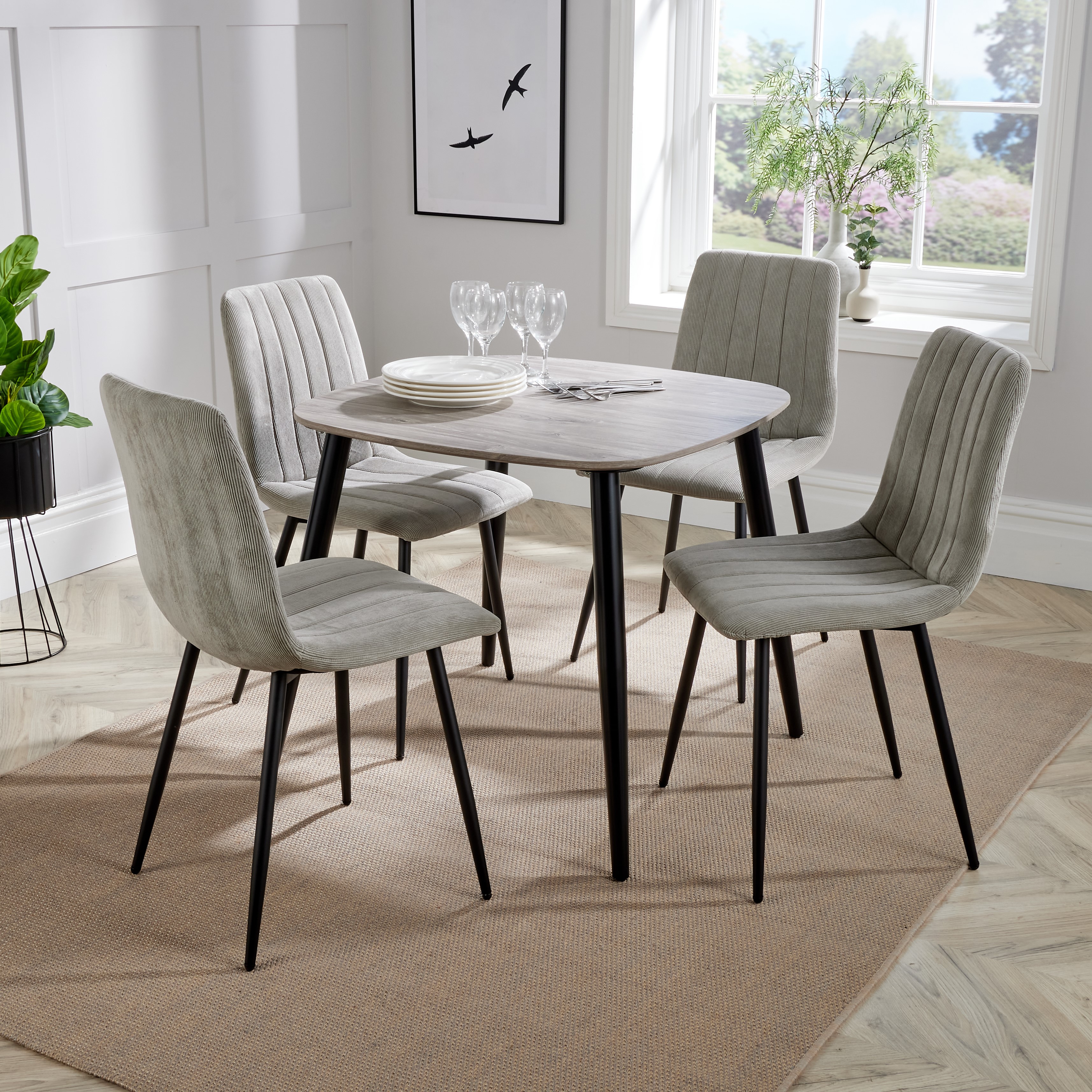 NEXO Square Dining Table with 4 Straight Stitch Fabric Chairs - Grey Oak with Light Grey - Colton & Sawyer