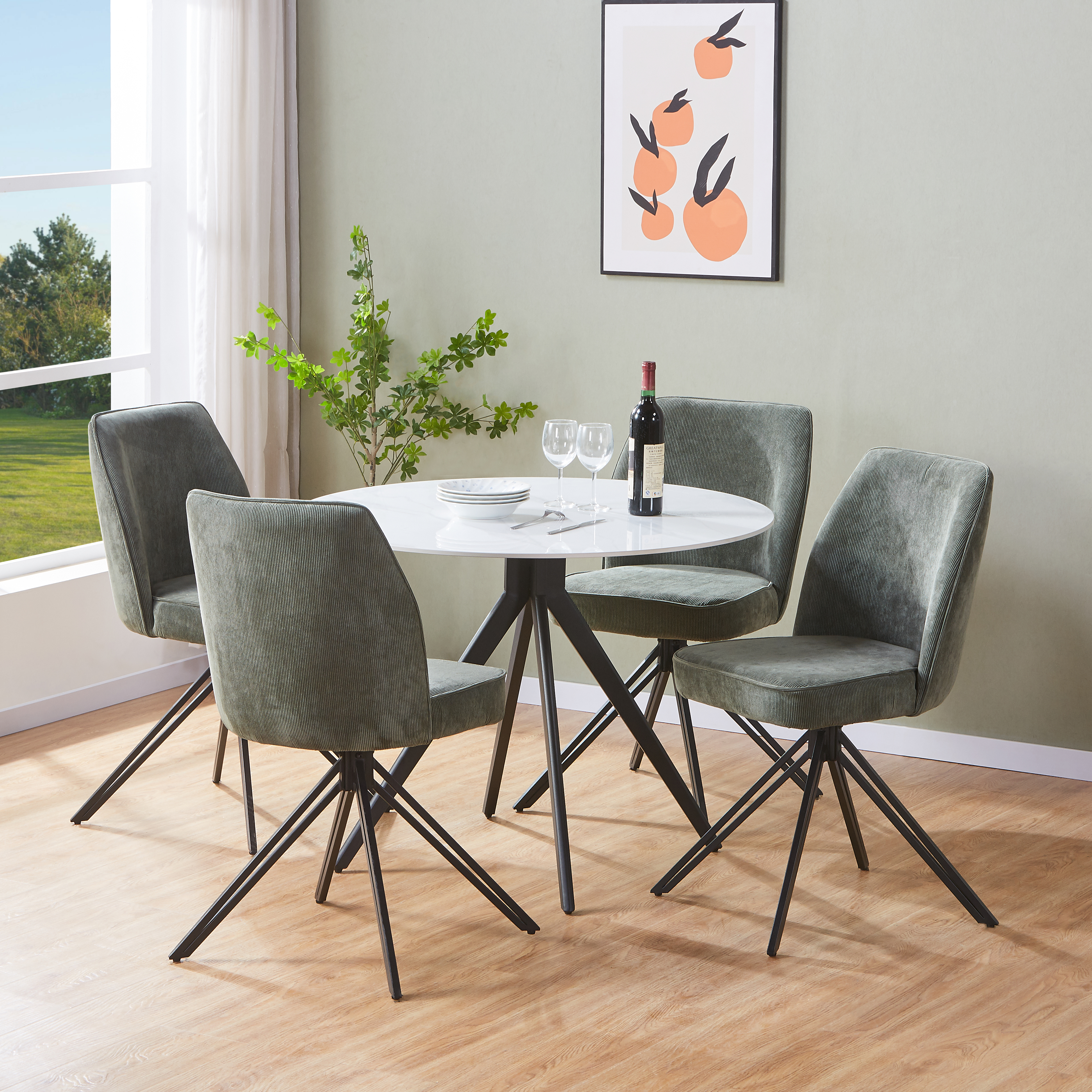 NEXO Sintered Stone Round Dining Table with 4 Swivel Fabric Chairs - Gloss White with Green - Colton & Sawyer