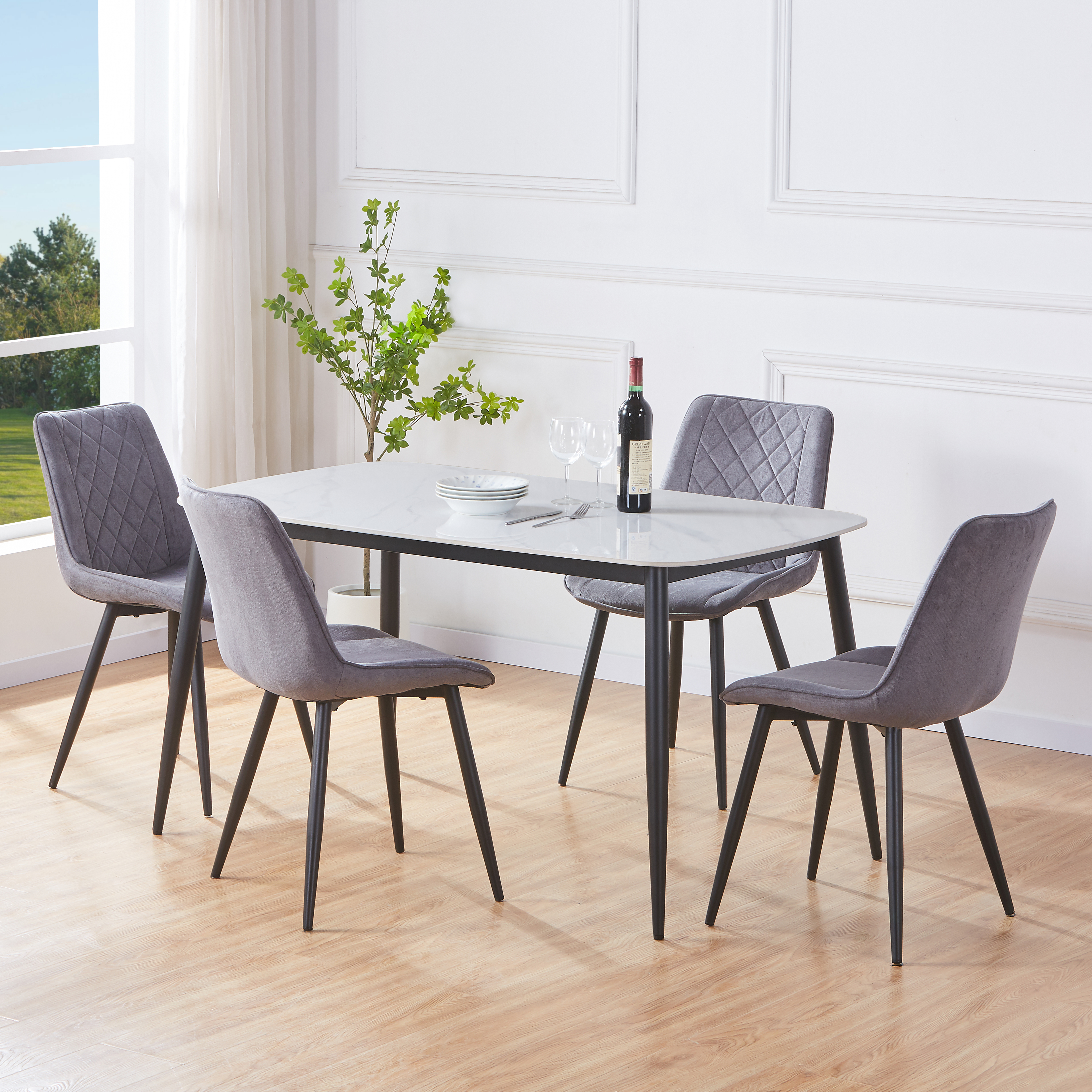 NEXO Sintered Stone Rectangular Dining Table with 4 Diamond Stitch Fabric Chairs - Gloss White with Grey - Colton & Sawyer