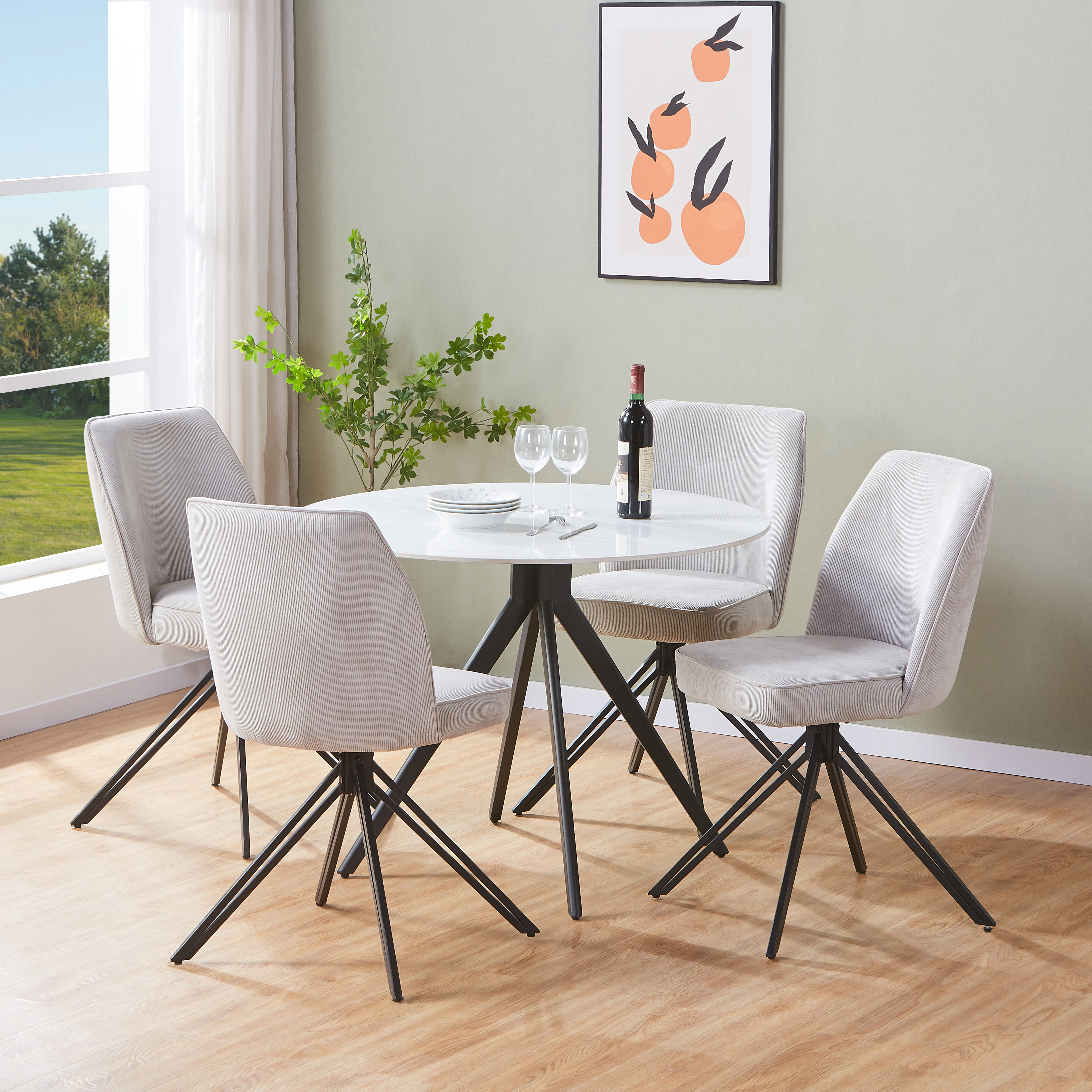 NEXO Sintered Stone Round Dining Table with 4 Swivel Fabric Chairs - Gloss White with Light Grey - Colton & Sawyer