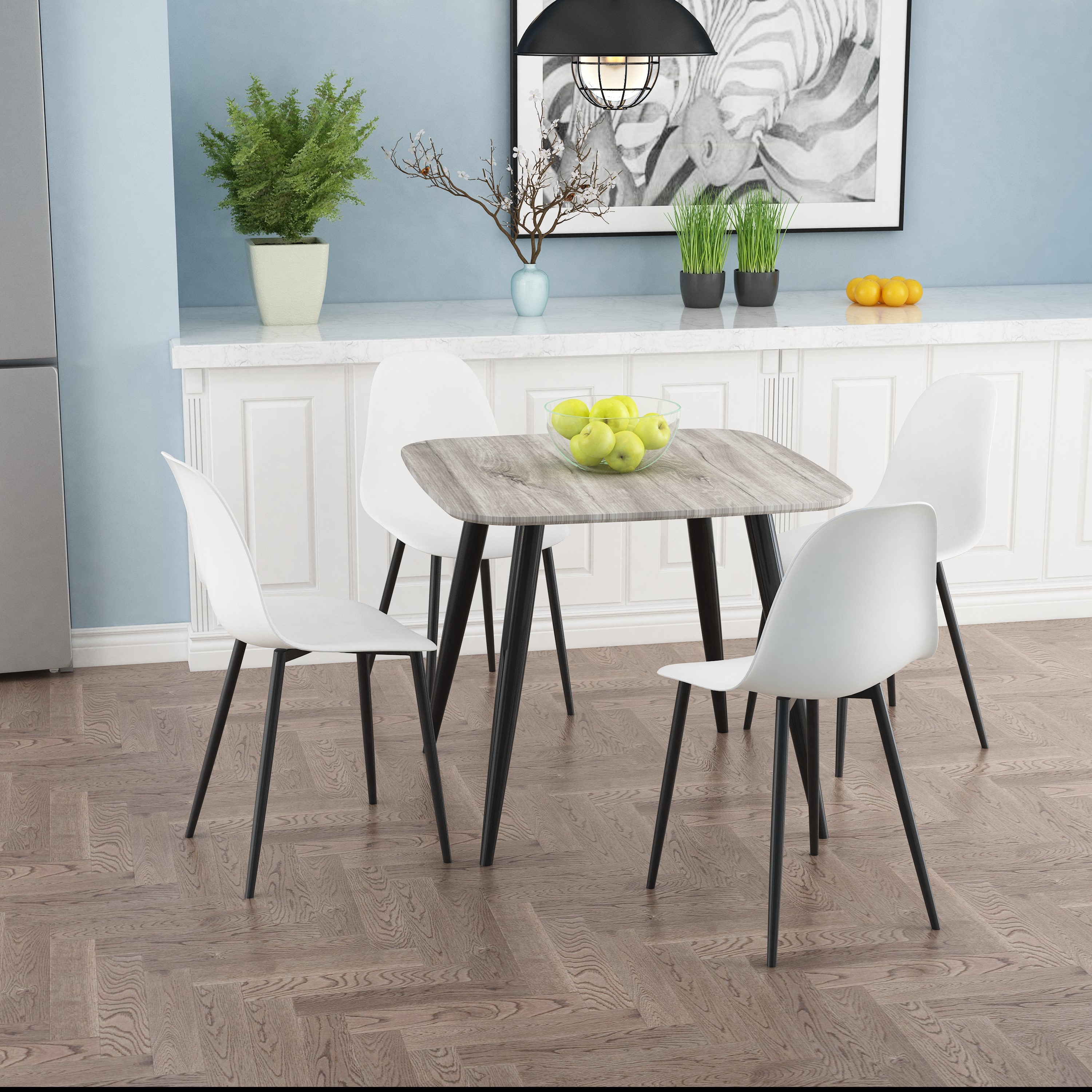 NEXO Square Dining Table with 4 Curve Plastic Chairs - Grey Oak with White - Colton & Sawyer