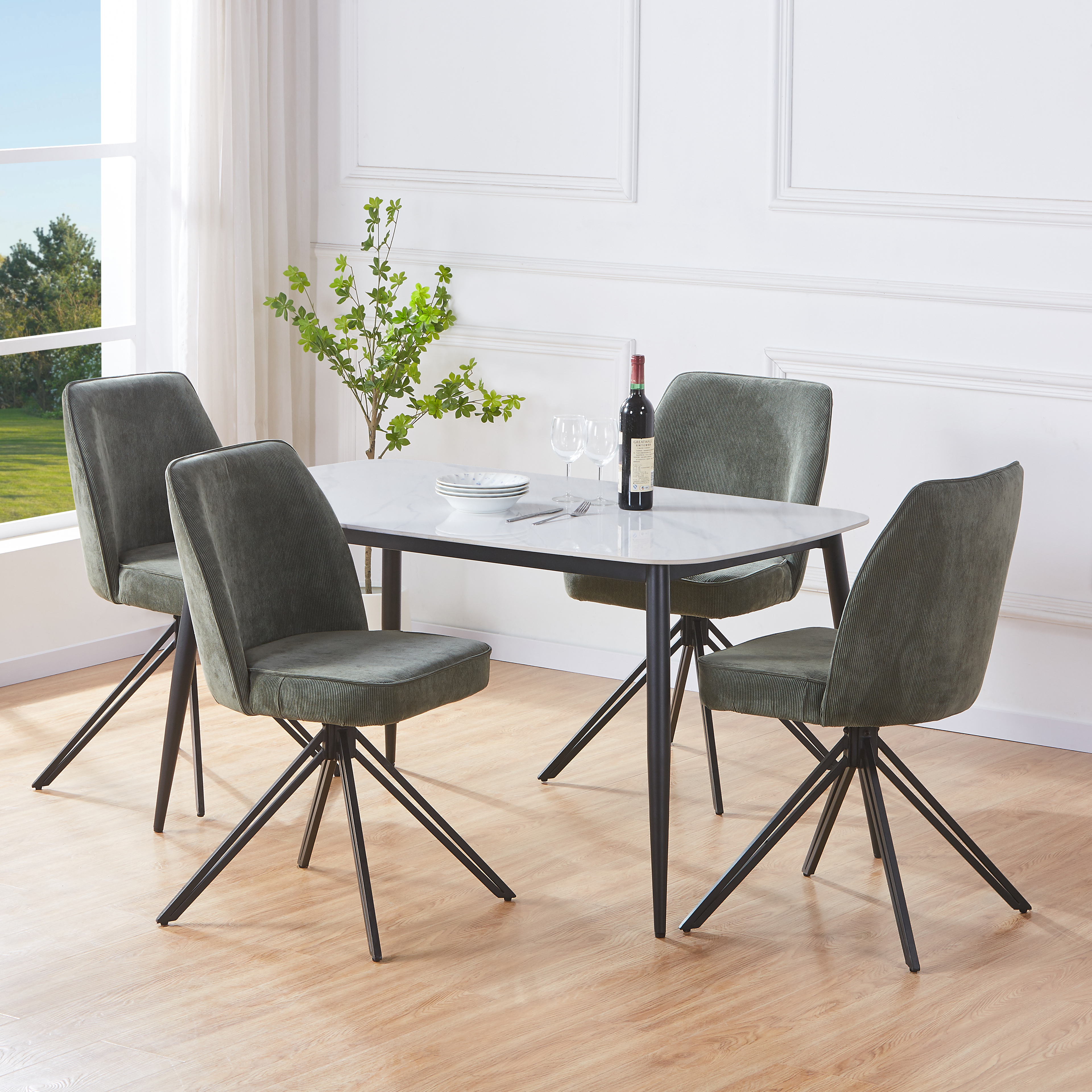 NEXO Sintered Stone Rectangular Dining Table with 4 Swivel Fabric Chairs - Gloss White with Green - Colton & Sawyer