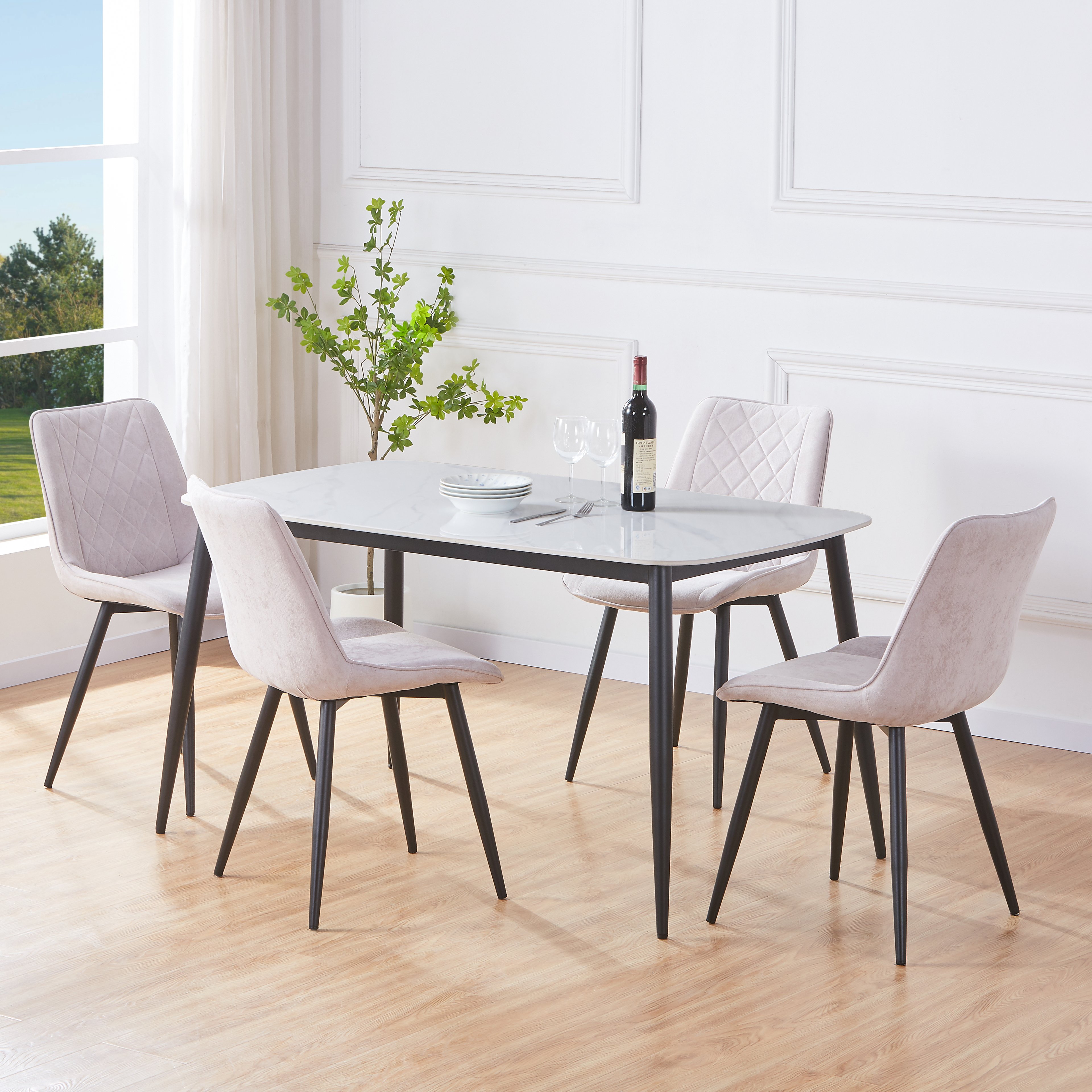 NEXO Sintered Stone Rectangular Dining Table with 4 Diamond Stitch Fabric Chairs - Gloss White with Natural - Colton & Sawyer