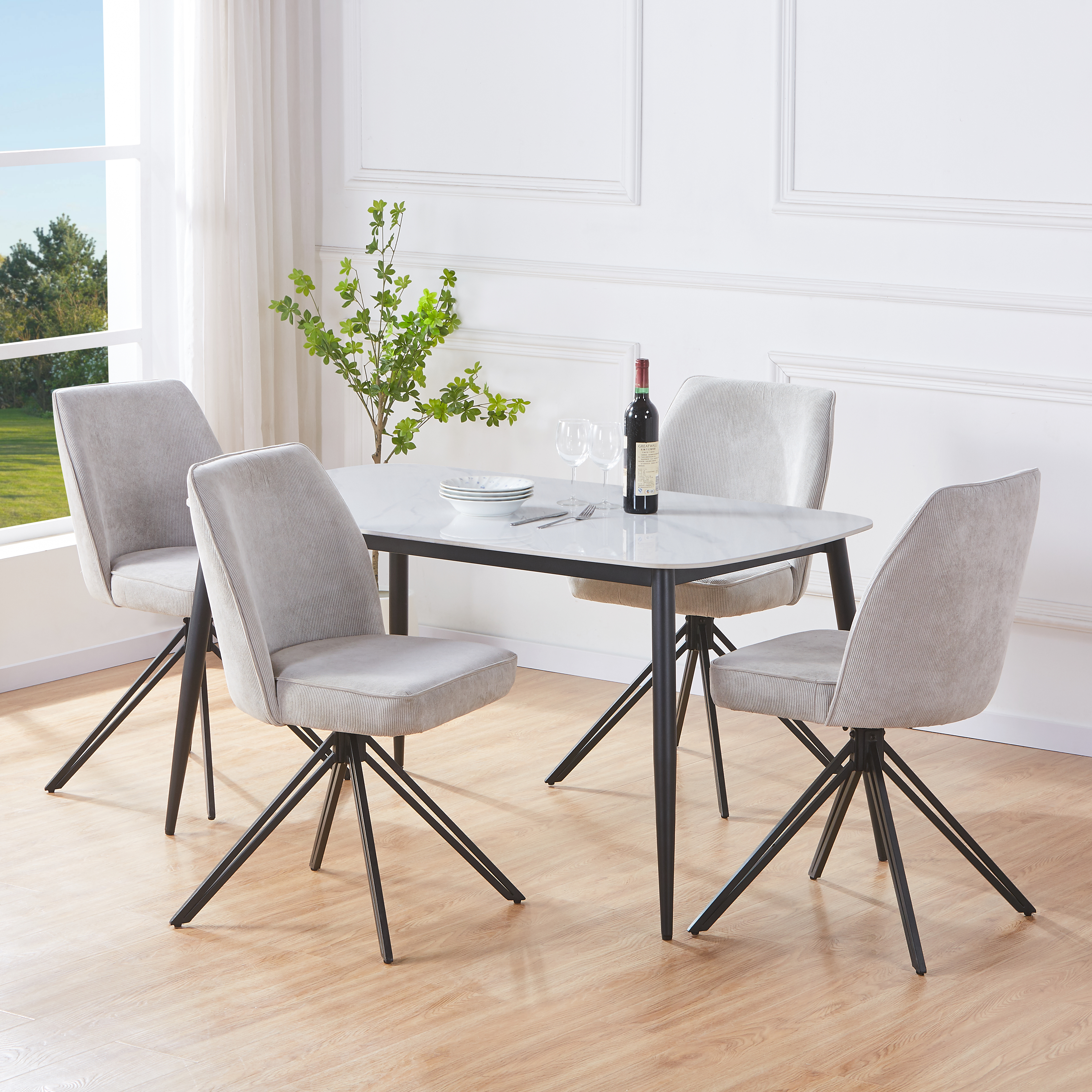 NEXO Sintered Stone Rectangular Dining Table with 4 Swivel Fabric Chairs - Gloss White with Light Grey - Colton & Sawyer