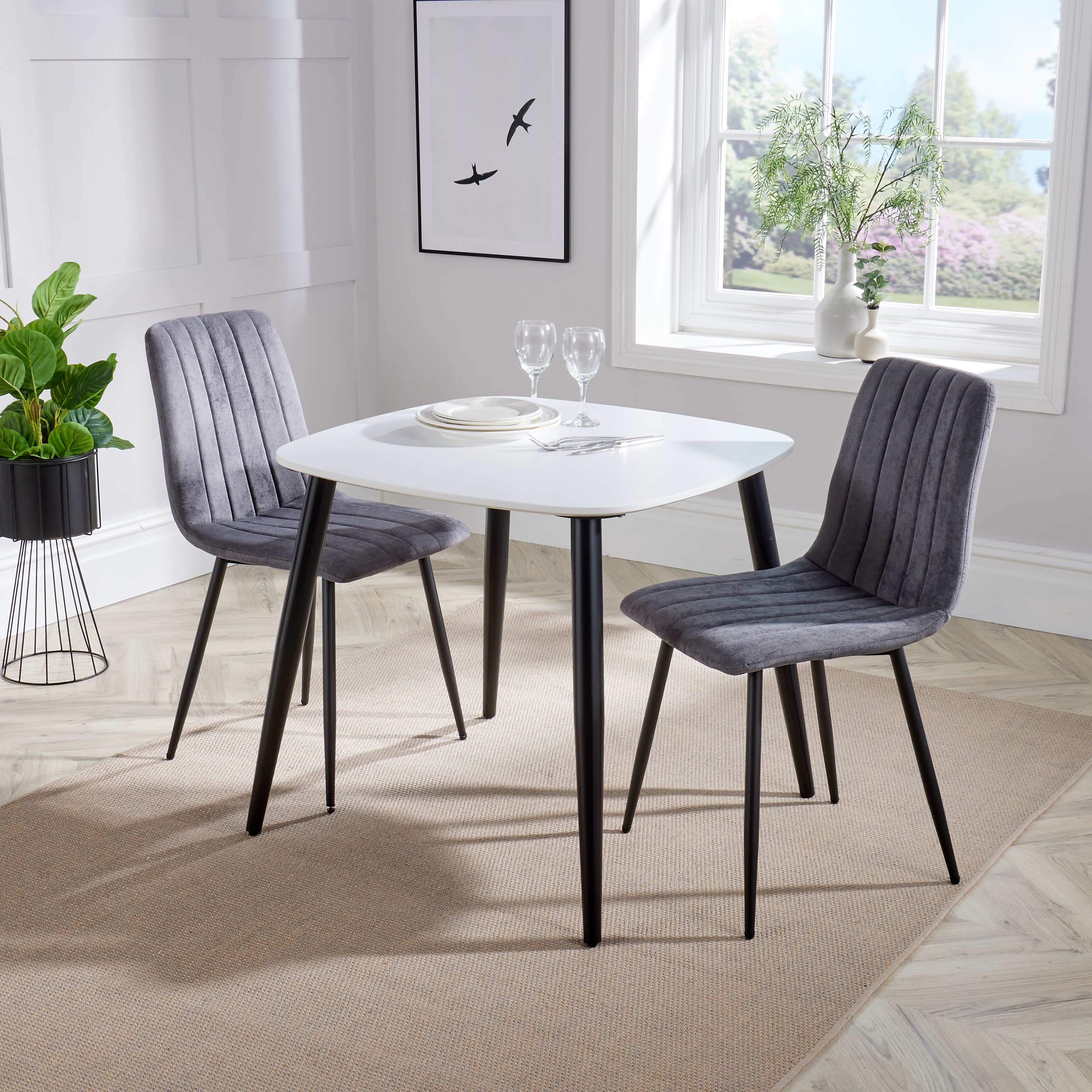 NEXO Square Dining Table with 2 Straight Stitch Fabric Chairs - White with Grey - Colton & Sawyer