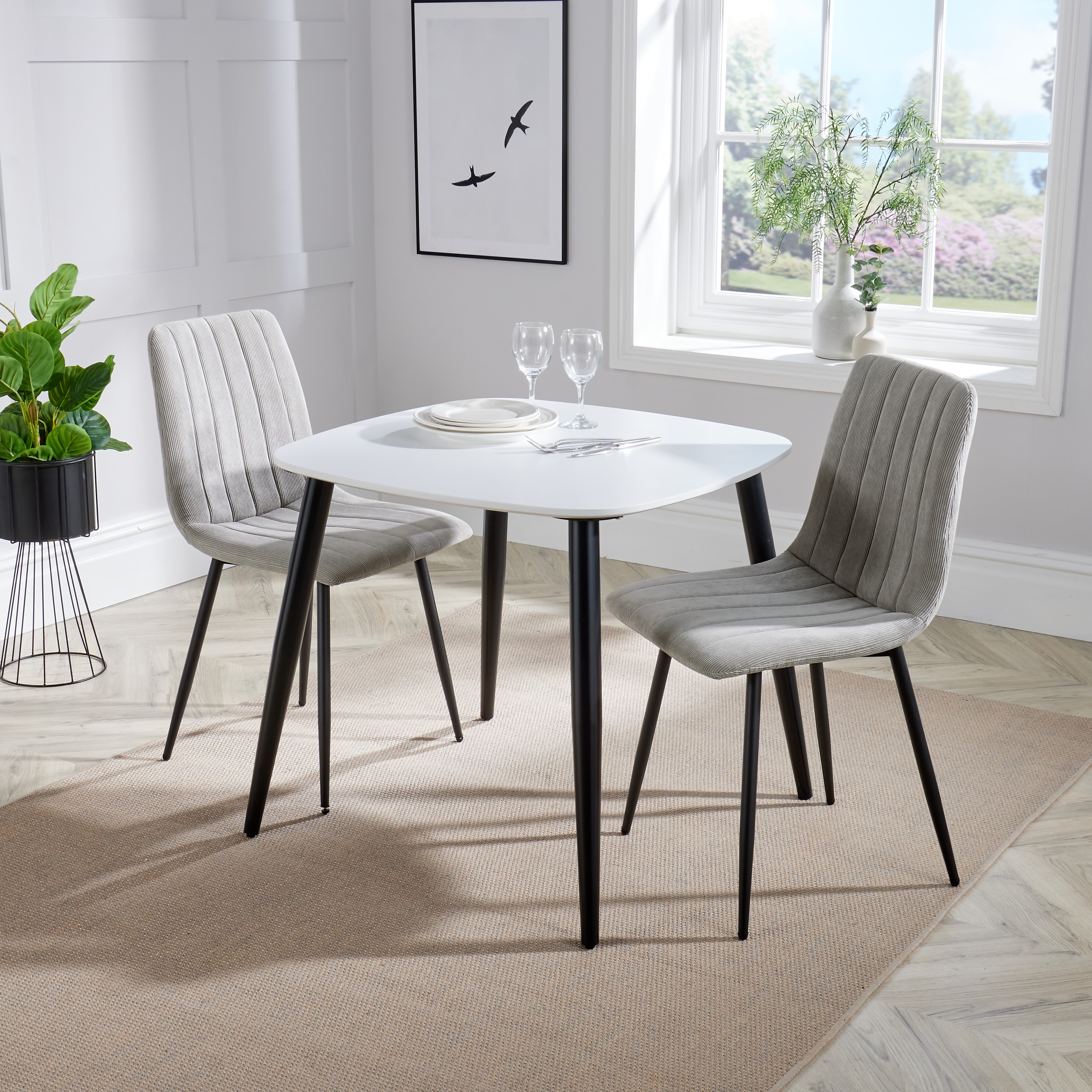 NEXO Square Dining Table with 2 Straight Stitch Fabric Chairs - White with Light Grey - Colton & Sawyer