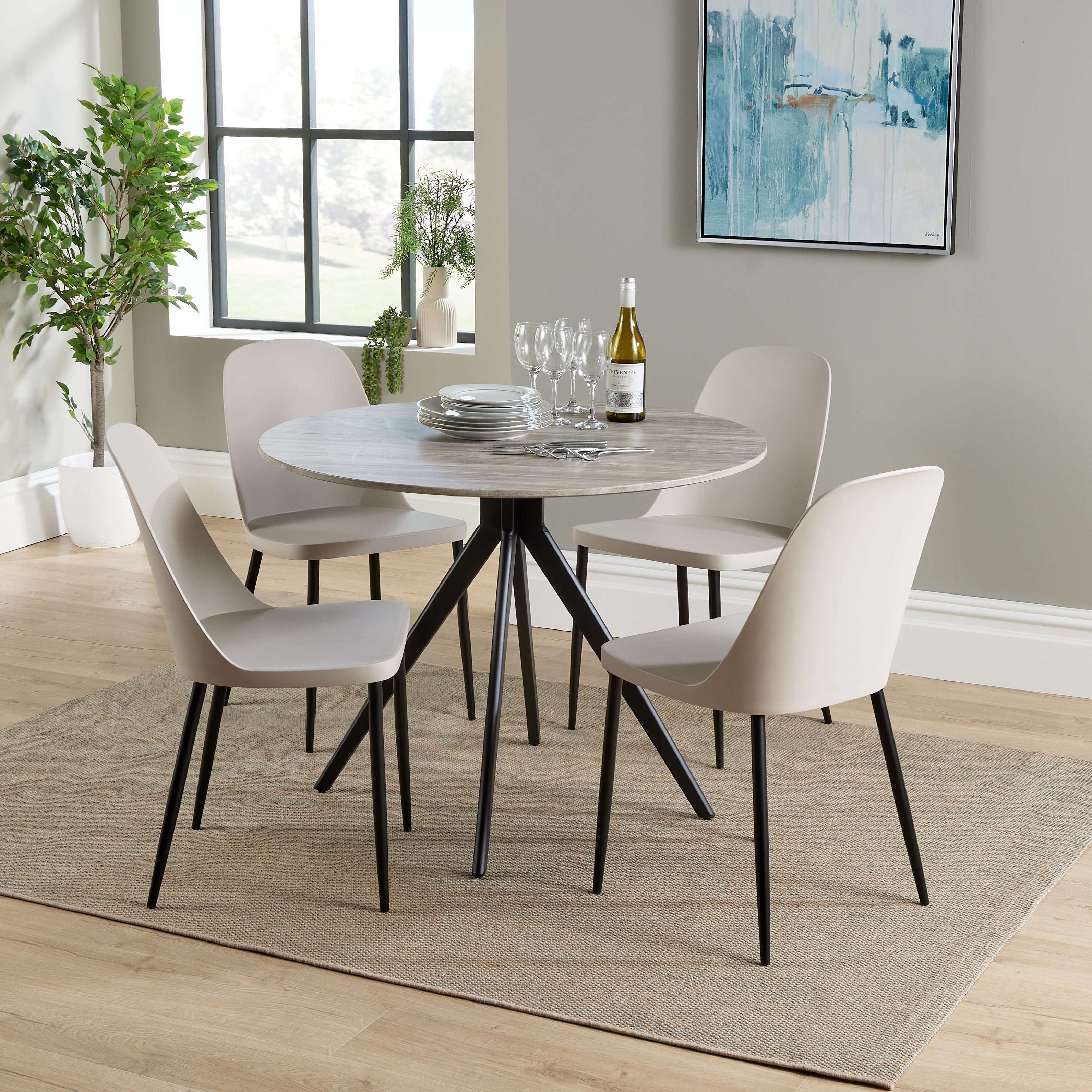 NEXO Round Dining Table with 4 Duo Plastic Chairs - Grey Oak with Calico - Colton & Sawyer
